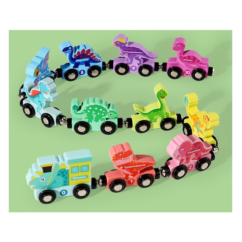 Trenulet Magnetic, Flippy, din Lemn, Model Dinozauri, 10 Animale, +3 Ani, Jucarie de Asamblat, Multicolor