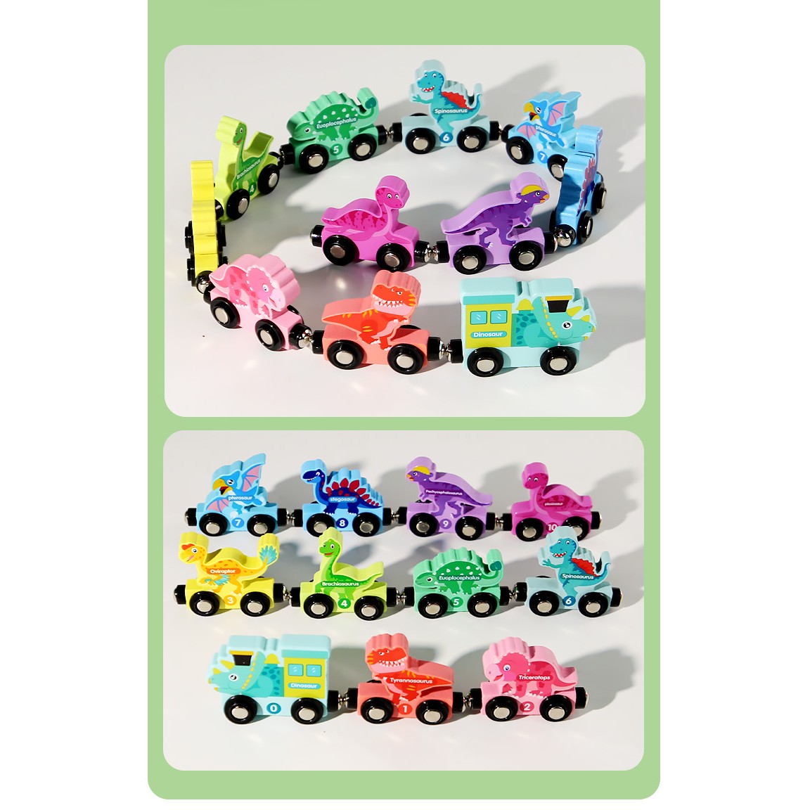 Trenulet Magnetic, Flippy, din Lemn, Model Dinozauri, 10 Animale, +3 Ani, Jucarie de Asamblat, Multicolor