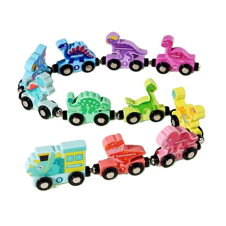Trenulet Magnetic, Flippy, din Lemn, Model Dinozauri, 10 Animale, +3 Ani, Jucarie de Asamblat, Multicolor