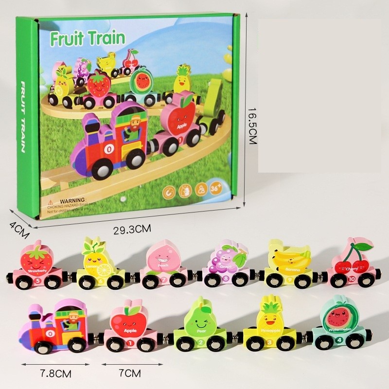 Trenulet Magnetic, Flippy, din Lemn, Model 10 Fructe, +3 Ani, Jucarie de Asamblat, Multicolor