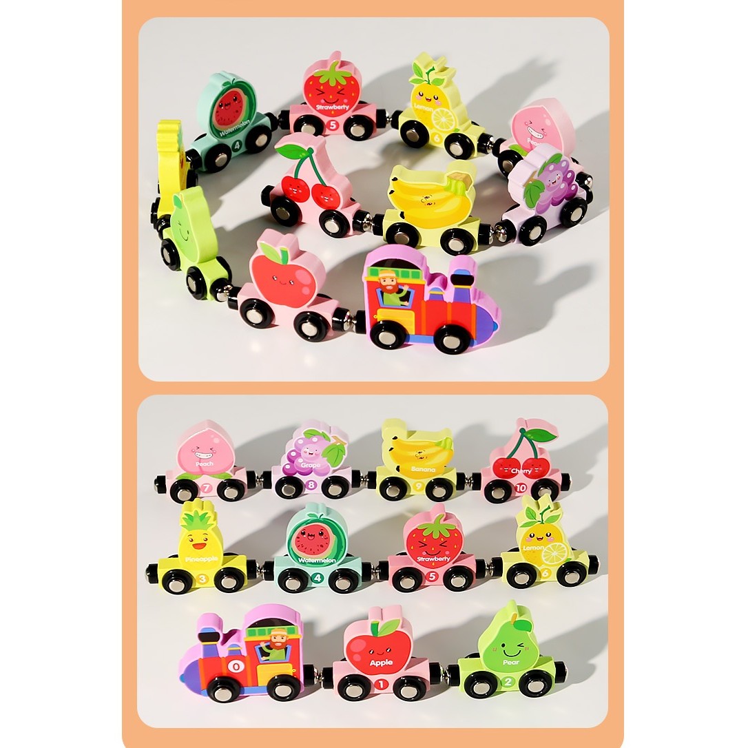 Trenulet Magnetic, Flippy, din Lemn, Model 10 Fructe, +3 Ani, Jucarie de Asamblat, Multicolor