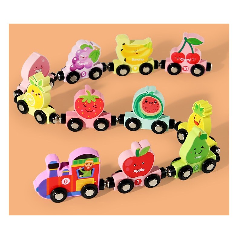 Trenulet Magnetic, Flippy, din Lemn, Model 10 Fructe, +3 Ani, Jucarie de Asamblat, Multicolor