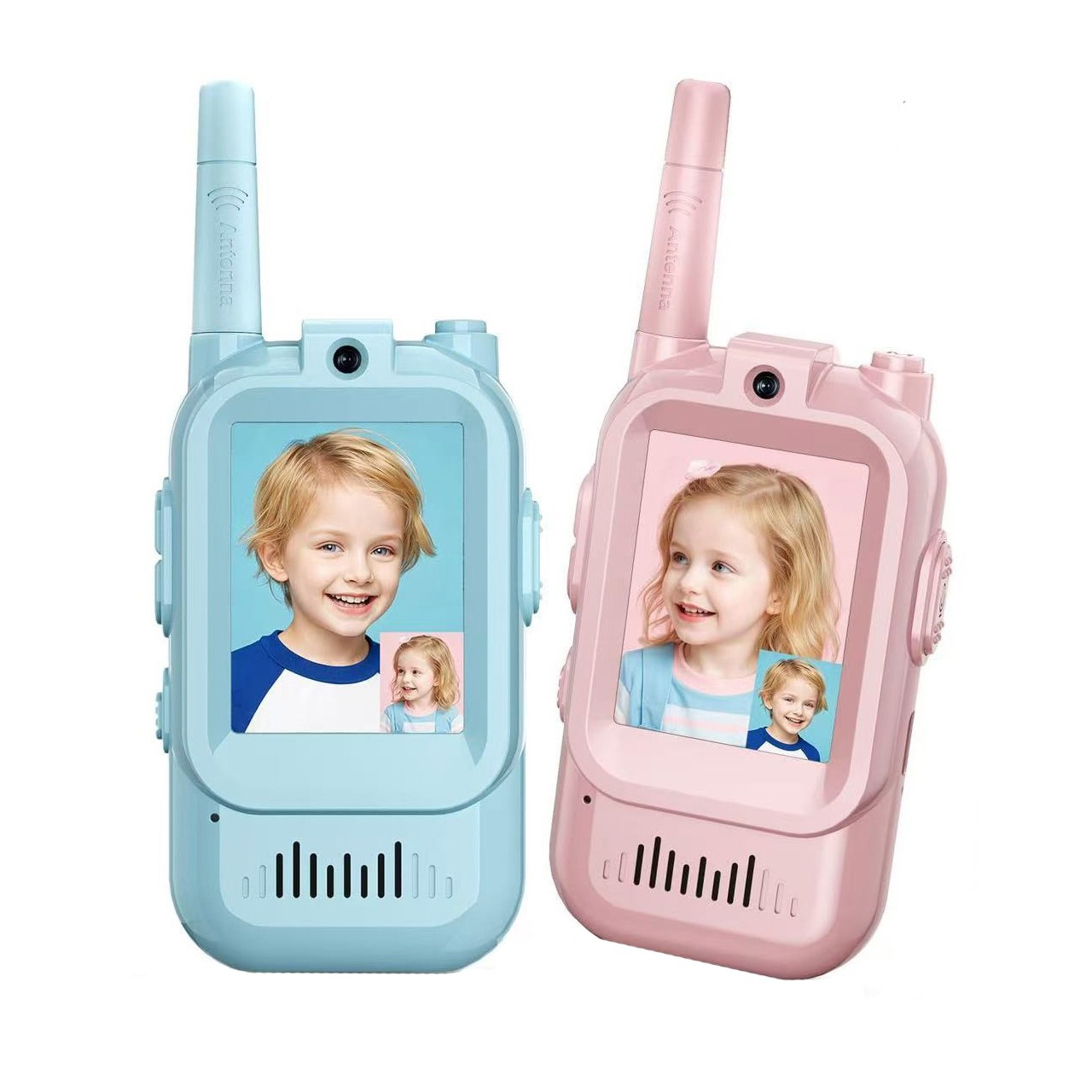 Jucarii interactive - Set Walkie Talkie WiFi pentru Copii, Flippy, Set 2 Statii, Apeluri Video, cu Ecran de 2", Efecte Voce, Reincarcabile, Cabluri TYPE-C, Raza pana la 500 m, 12 x 5 x 2 cm, Roz/Albastru