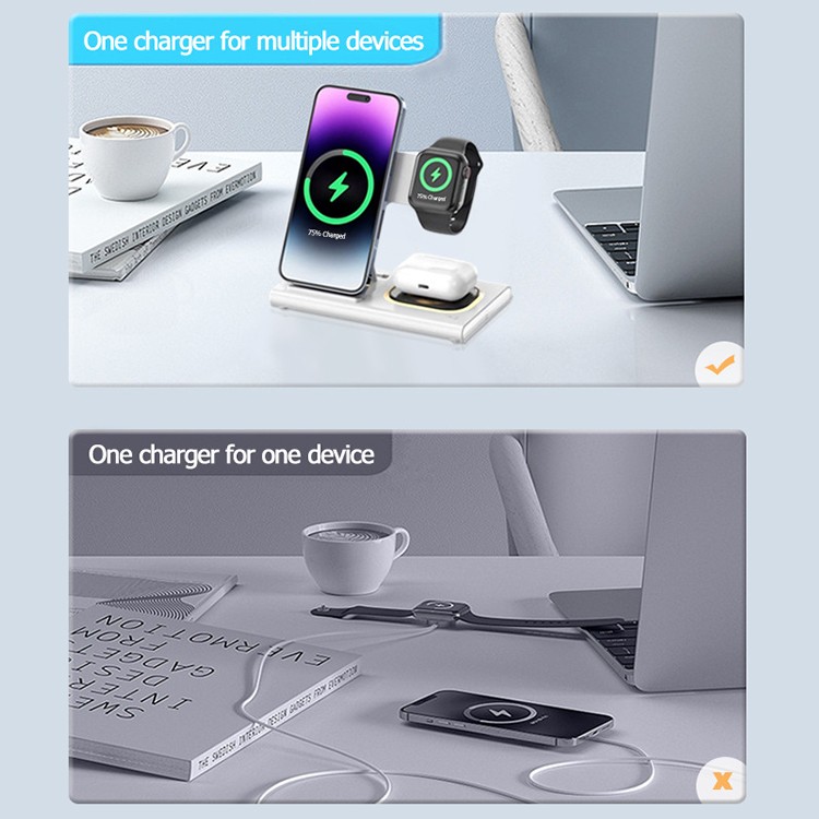 Incarcator Wireless 3 in 1 Fast Charger, Flippy, Compatibil cu Apple iPhone, iWatch, AirPods, New Design, 15W, 16.5 x 14 x 9.5 cm, Alb