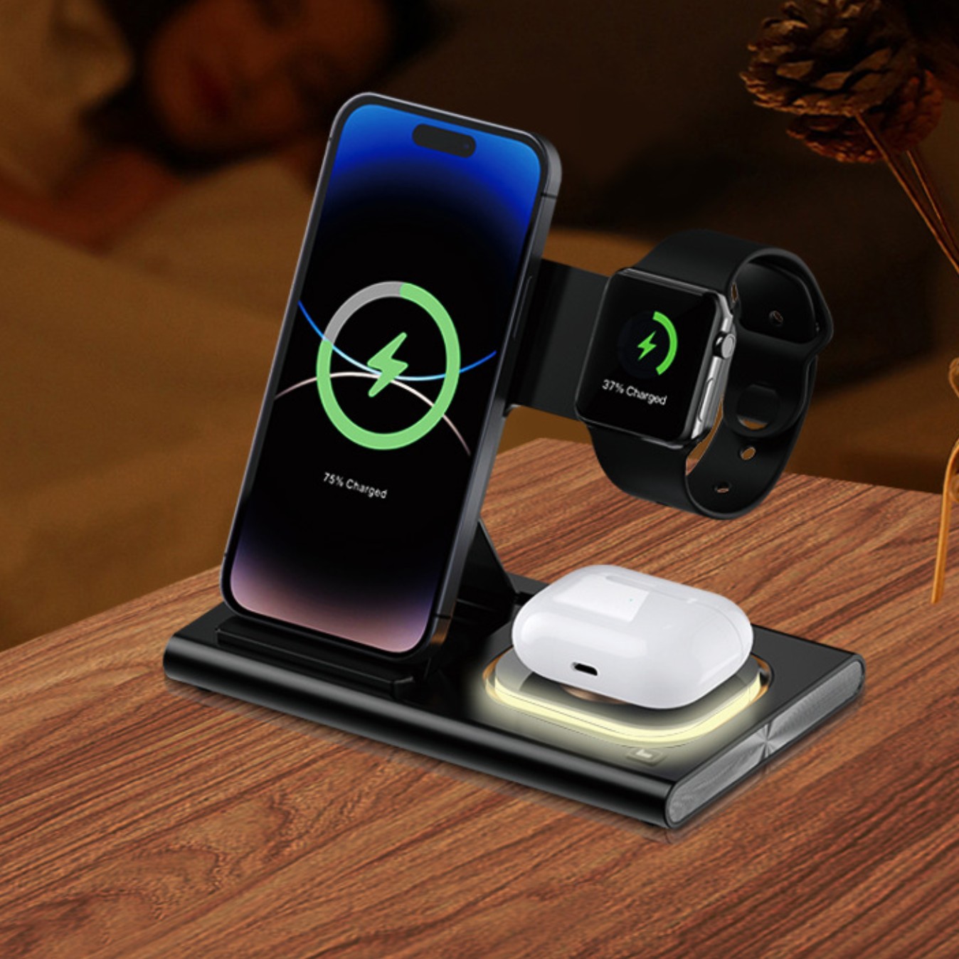 Incarcator Wireless 3 in 1 Fast Charger, Flippy, Compatibil cu Apple iPhone, iWatch, AirPods, New Design, 15W, 16.5 x 14 x 9.5 cm, Negru