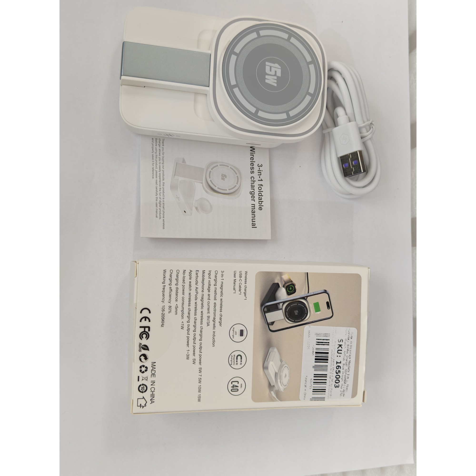 Statie de Incarcare MagSafe 3 in 1, Flippy, Magnetica Wireles Charger, Compatibil cu Apple iPhone, iWatch, AirPods, New Design, Max 23W, 11 x 6.5 x 2.9 cm Alb Ivory