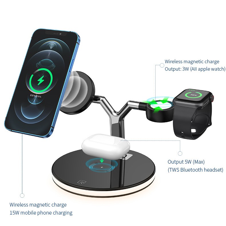 Statie de Incarcare 3 in 1, Flippy, Incarcator MagSafe Wireles Charger, Compatibil cu Apple iPhone, iWatch, AirPods, New Design, Max 25W, 14 x 14 x 10 cm, Negru