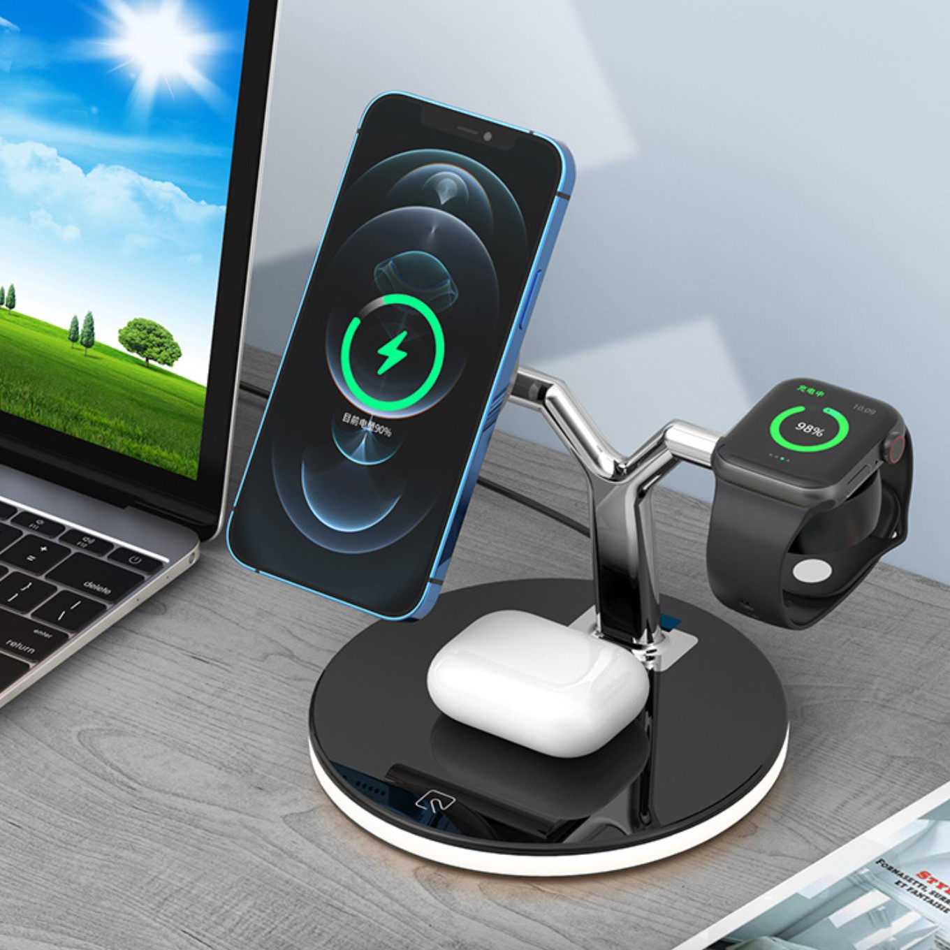 Statie de Incarcare 3 in 1, Flippy, Incarcator MagSafe Wireles Charger, Compatibil cu Apple iPhone, iWatch, AirPods, New Design, Max 25W, 14 x 14 x 10 cm, Negru