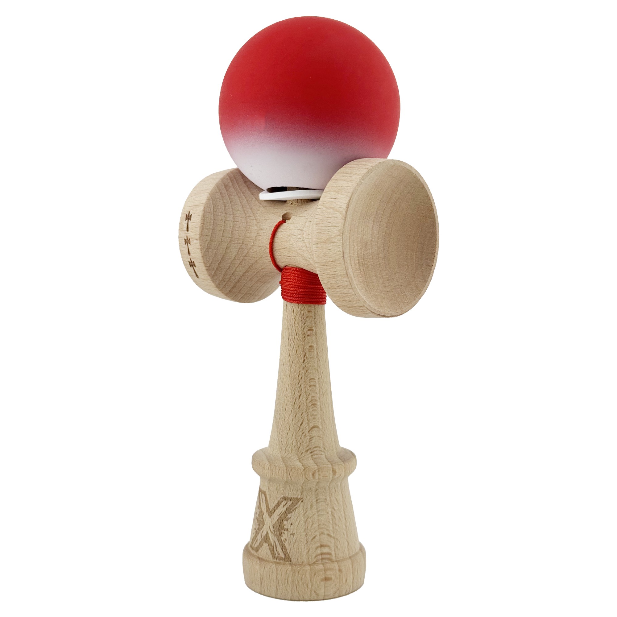 Kendama X Originala, Profesionala, Flippy, Cupe Mari KING SIZE V3, Rubber Grip, Gaura in Baza, Rulment Metalic, din lemn 18 cm, Ata 55 cm, Gradient Rosu/Alb