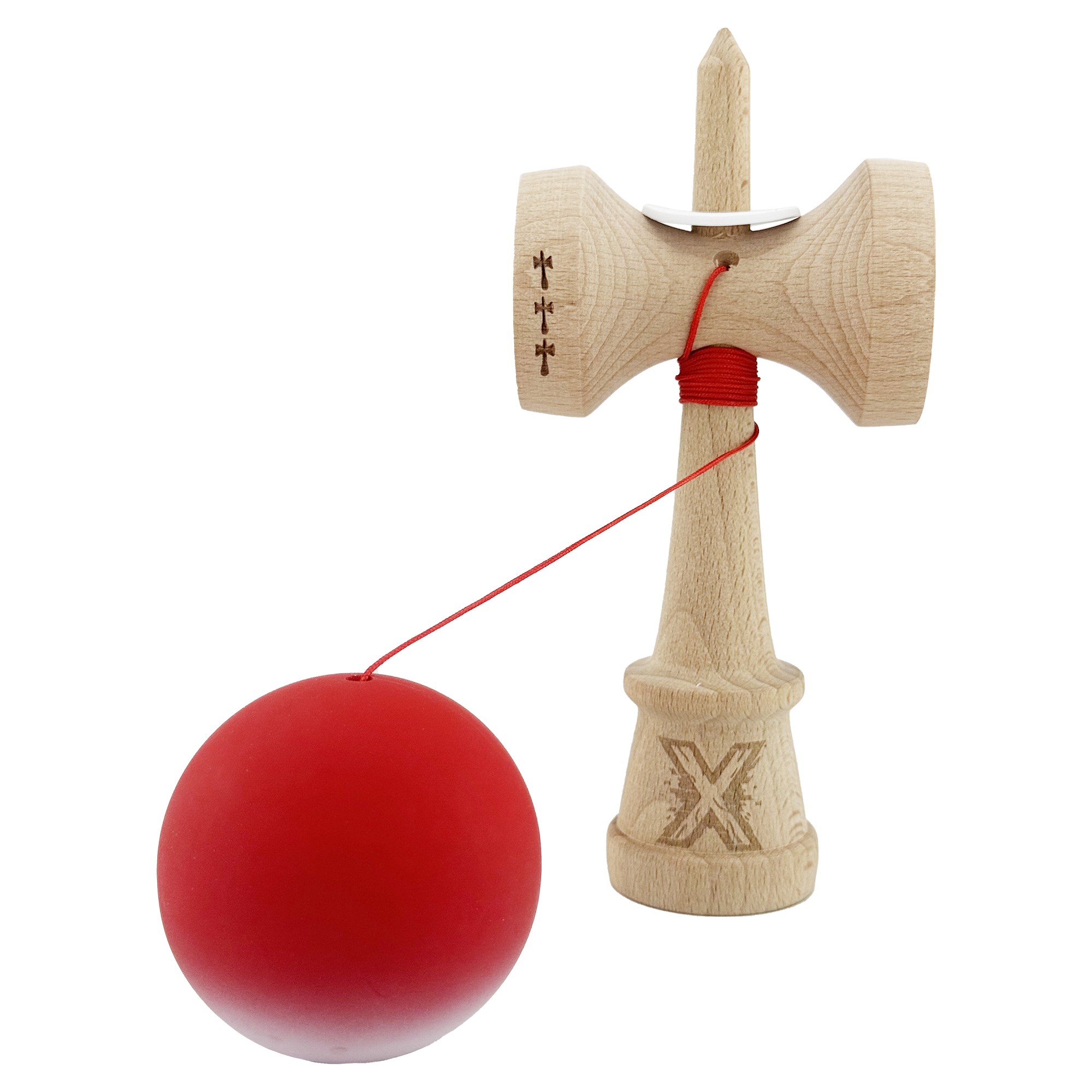 Kendama X Originala, Profesionala, Flippy, Cupe Mari KING SIZE V3, Rubber Grip, Gaura in Baza, Rulment Metalic, din lemn 18 cm, Ata 55 cm, Gradient Rosu/Alb