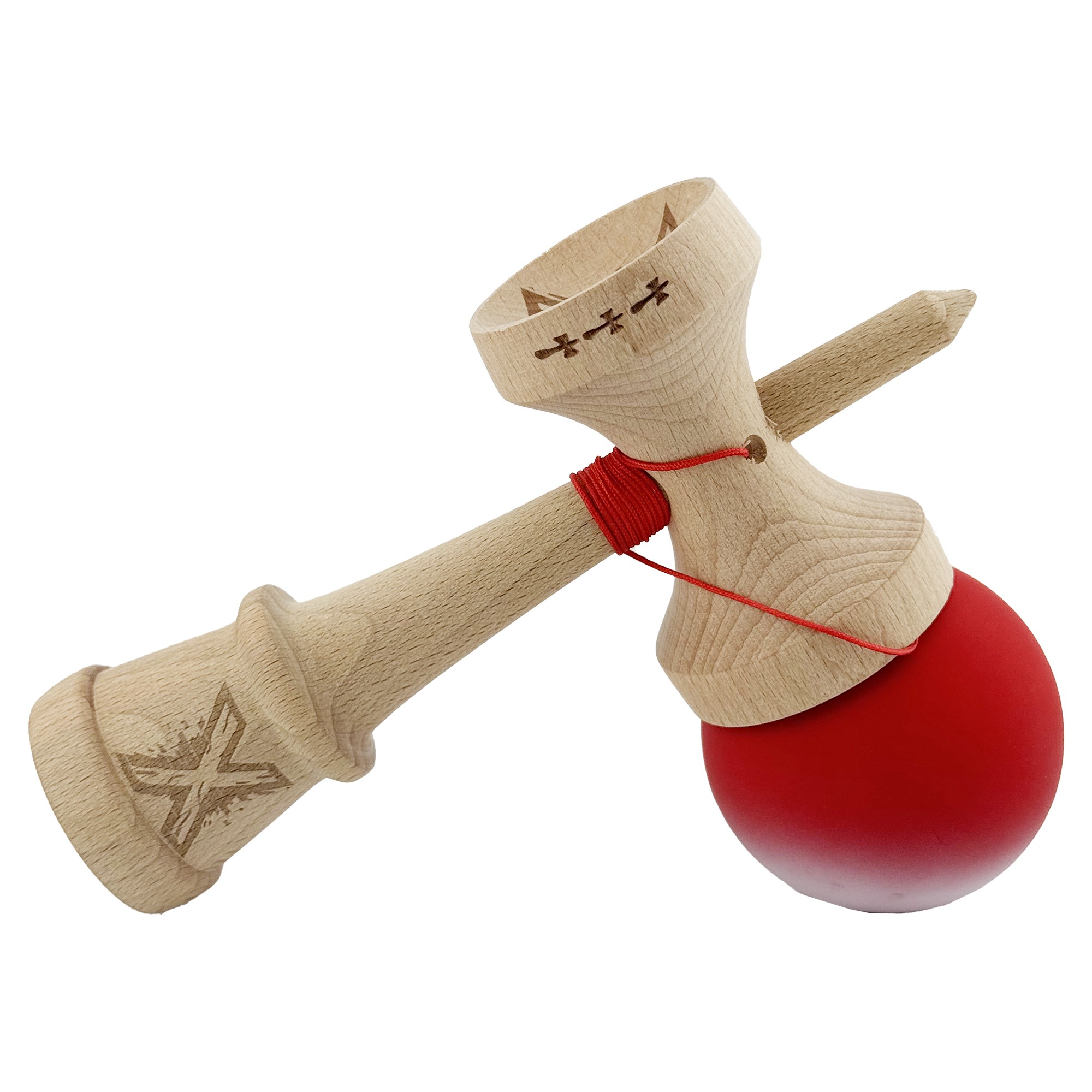Kendama X Originala, Profesionala, Flippy, Cupe Mari KING SIZE V3, Rubber Grip, Gaura in Baza, Rulment Metalic, din lemn 18 cm, Ata 55 cm, Gradient Rosu/Alb