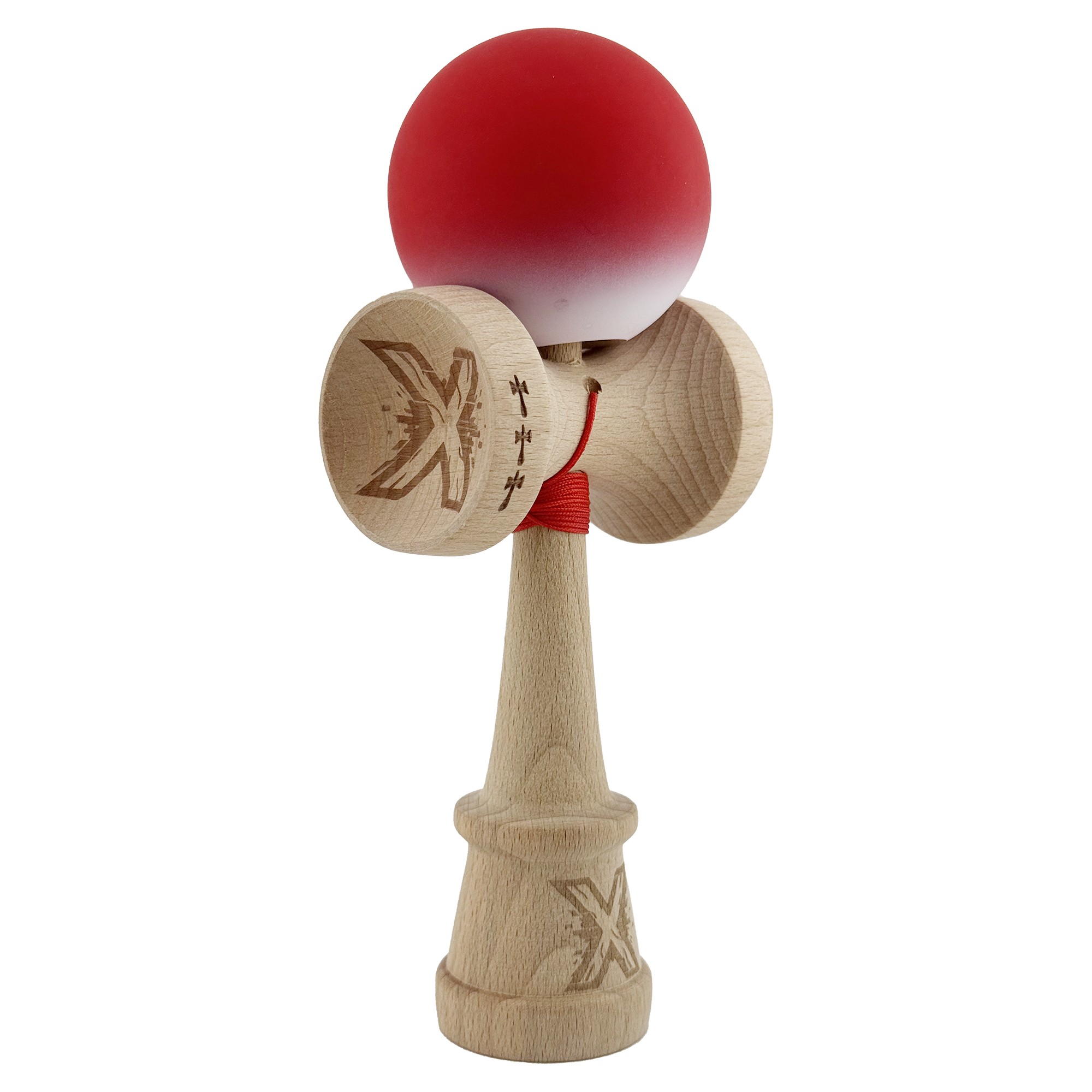 Kendama X Originala, Profesionala, Flippy, Cupe Mari KING SIZE V3, Rubber Grip, Gaura in Baza, Rulment Metalic, din lemn 18 cm, Ata 55 cm, Gradient Rosu/Alb