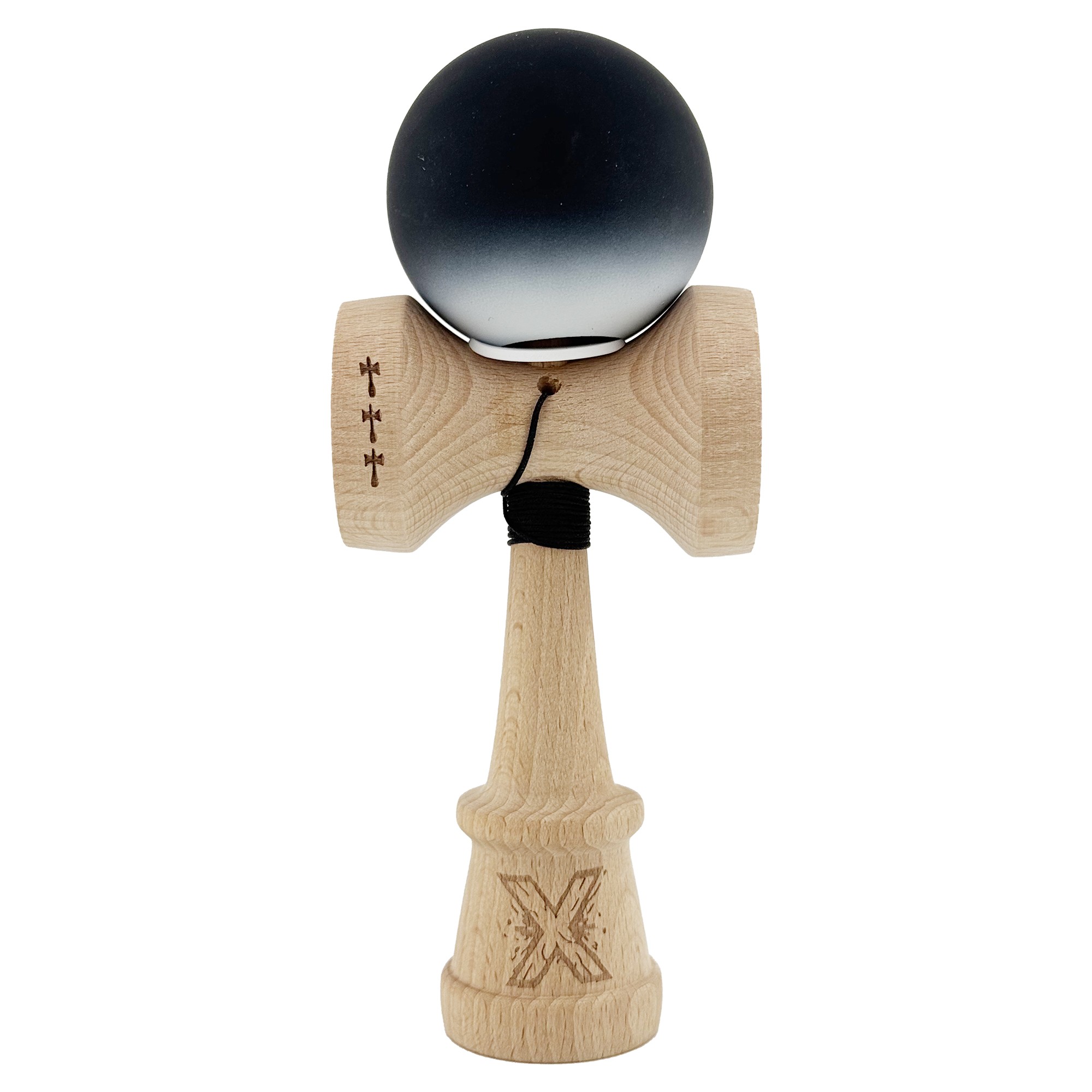 Kendama X Originala, Profesionala, Flippy, Cupe Mari KING SIZE V3, Rubber Grip, Gaura in Baza, Rulment Metalic, din lemn 18 cm, Ata 55 cm, Gradient Negru/Alb