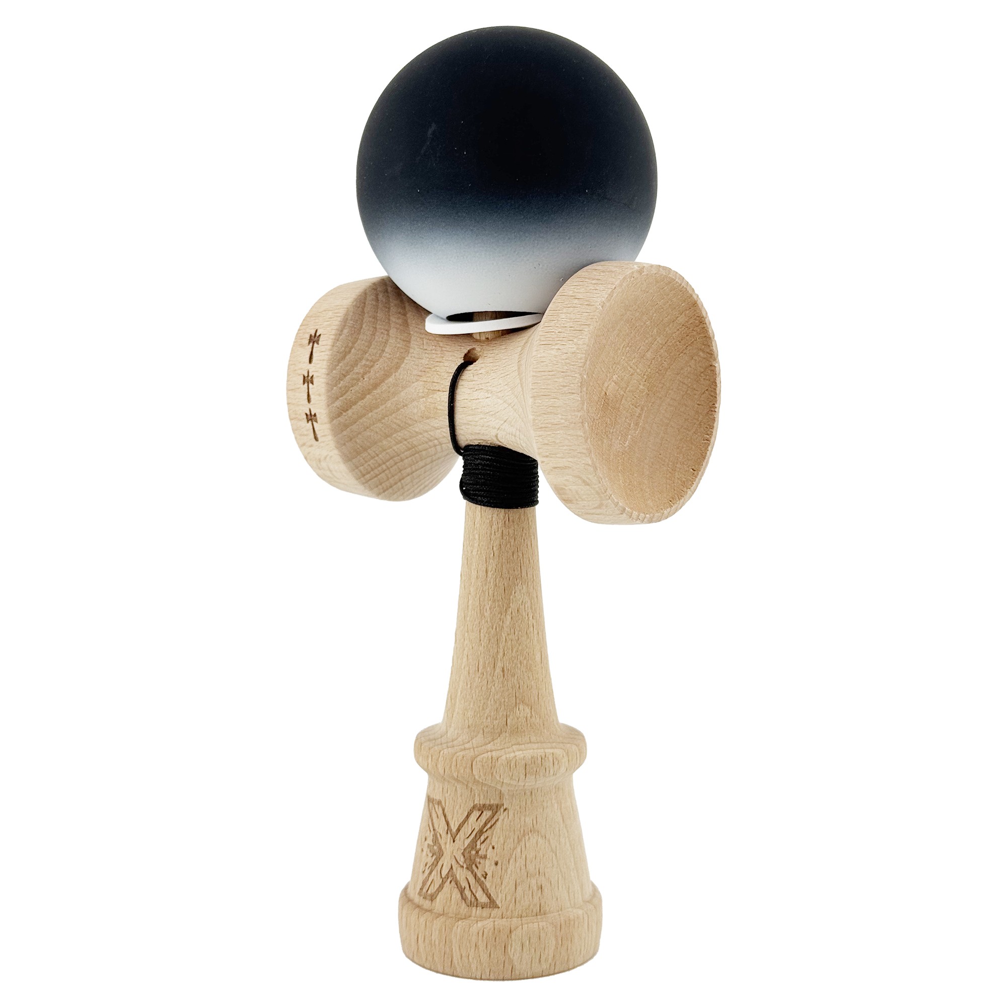 Kendama X Originala, Profesionala, Flippy, Cupe Mari KING SIZE V3, Rubber Grip, Gaura in Baza, Rulment Metalic, din lemn 18 cm, Ata 55 cm, Gradient Negru/Alb