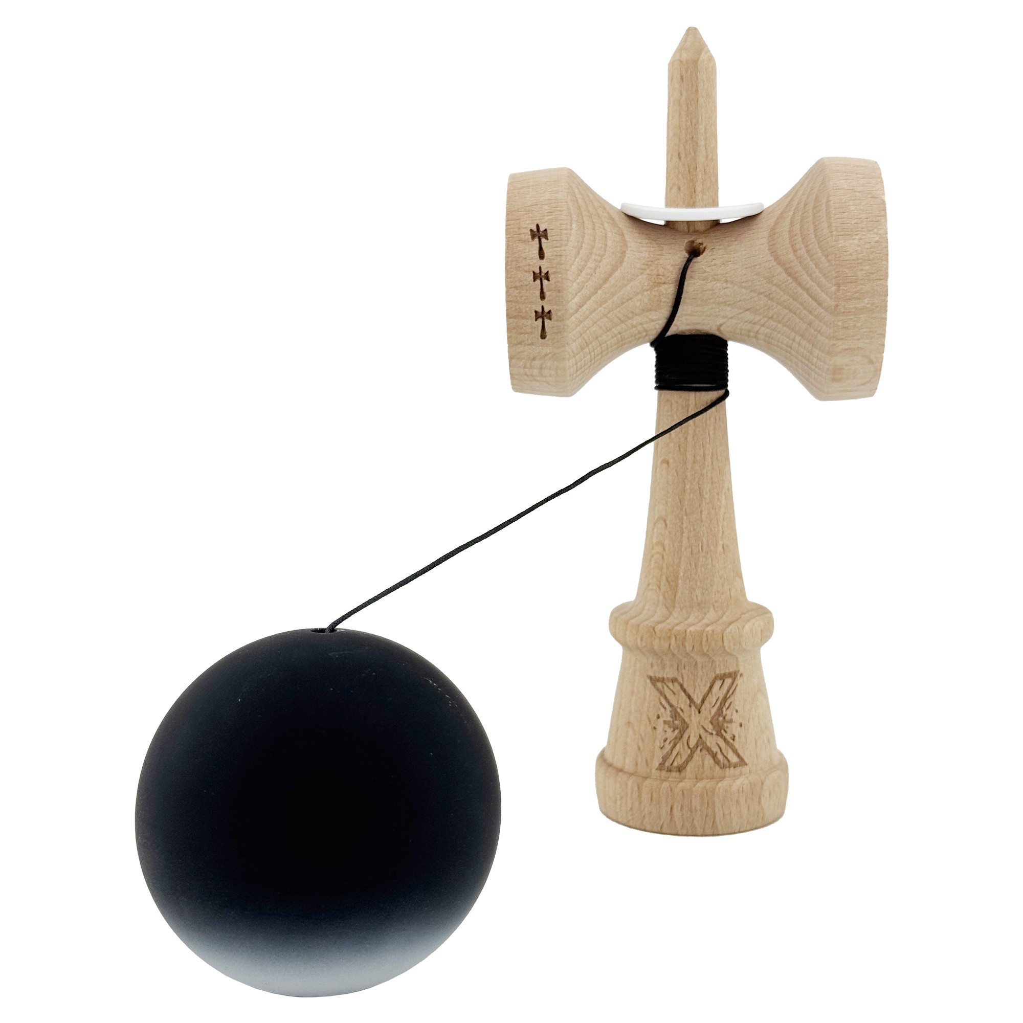 Kendama X Originala, Profesionala, Flippy, Cupe Mari KING SIZE V3, Rubber Grip, Gaura in Baza, Rulment Metalic, din lemn 18 cm, Ata 55 cm, Gradient Negru/Alb