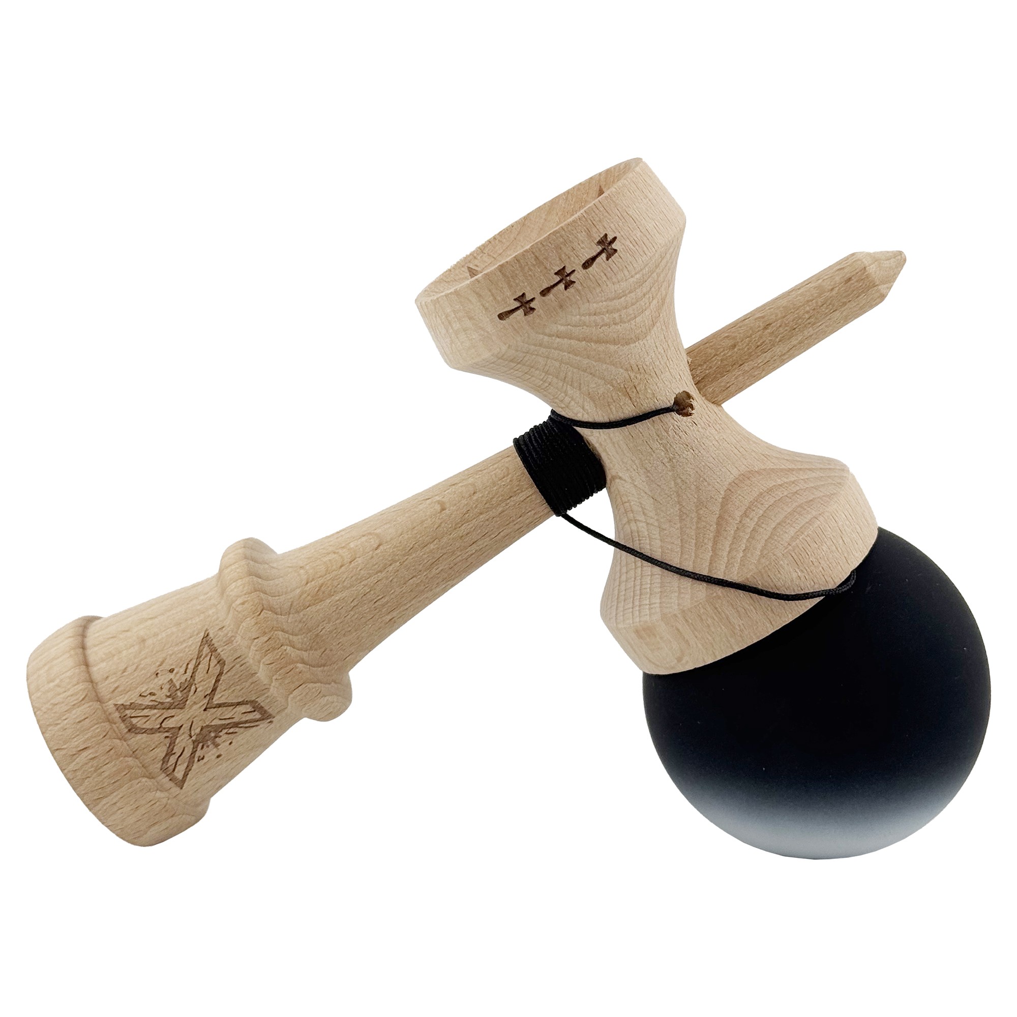 Kendama X Originala, Profesionala, Flippy, Cupe Mari KING SIZE V3, Rubber Grip, Gaura in Baza, Rulment Metalic, din lemn 18 cm, Ata 55 cm, Gradient Negru/Alb