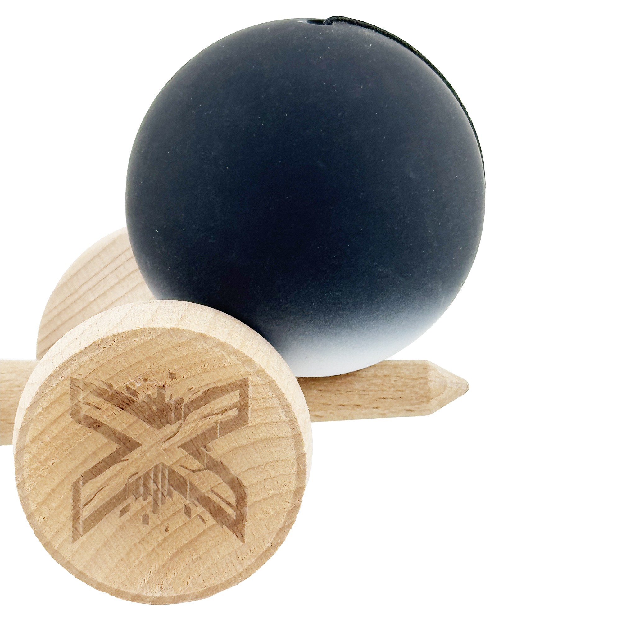 Kendama X Originala, Profesionala, Flippy, Cupe Mari KING SIZE V3, Rubber Grip, Gaura in Baza, Rulment Metalic, din lemn 18 cm, Ata 55 cm, Gradient Negru/Alb