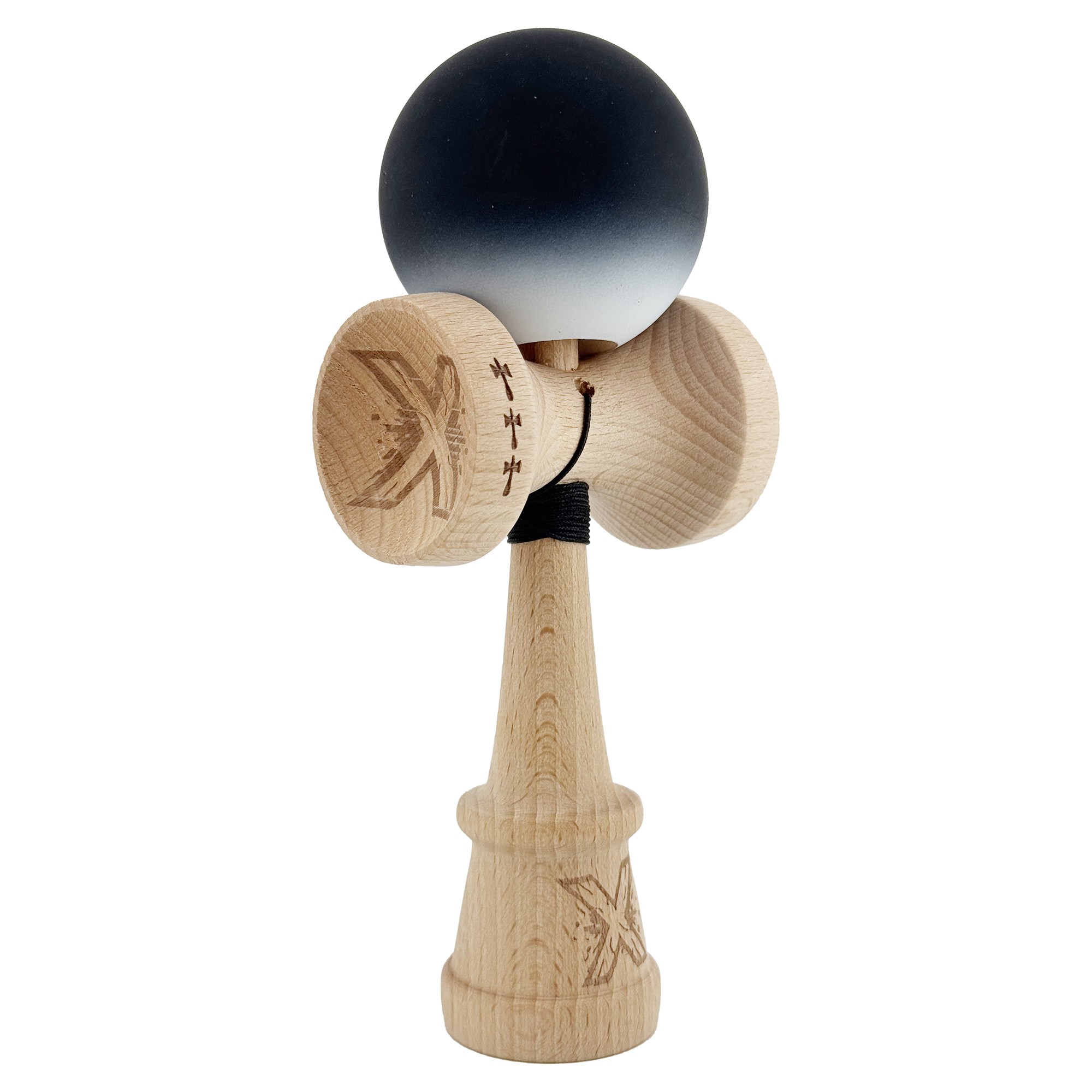 Kendama X Originala, Profesionala, Flippy, Cupe Mari KING SIZE V3, Rubber Grip, Gaura in Baza, Rulment Metalic, din lemn 18 cm, Ata 55 cm, Gradient Negru/Alb