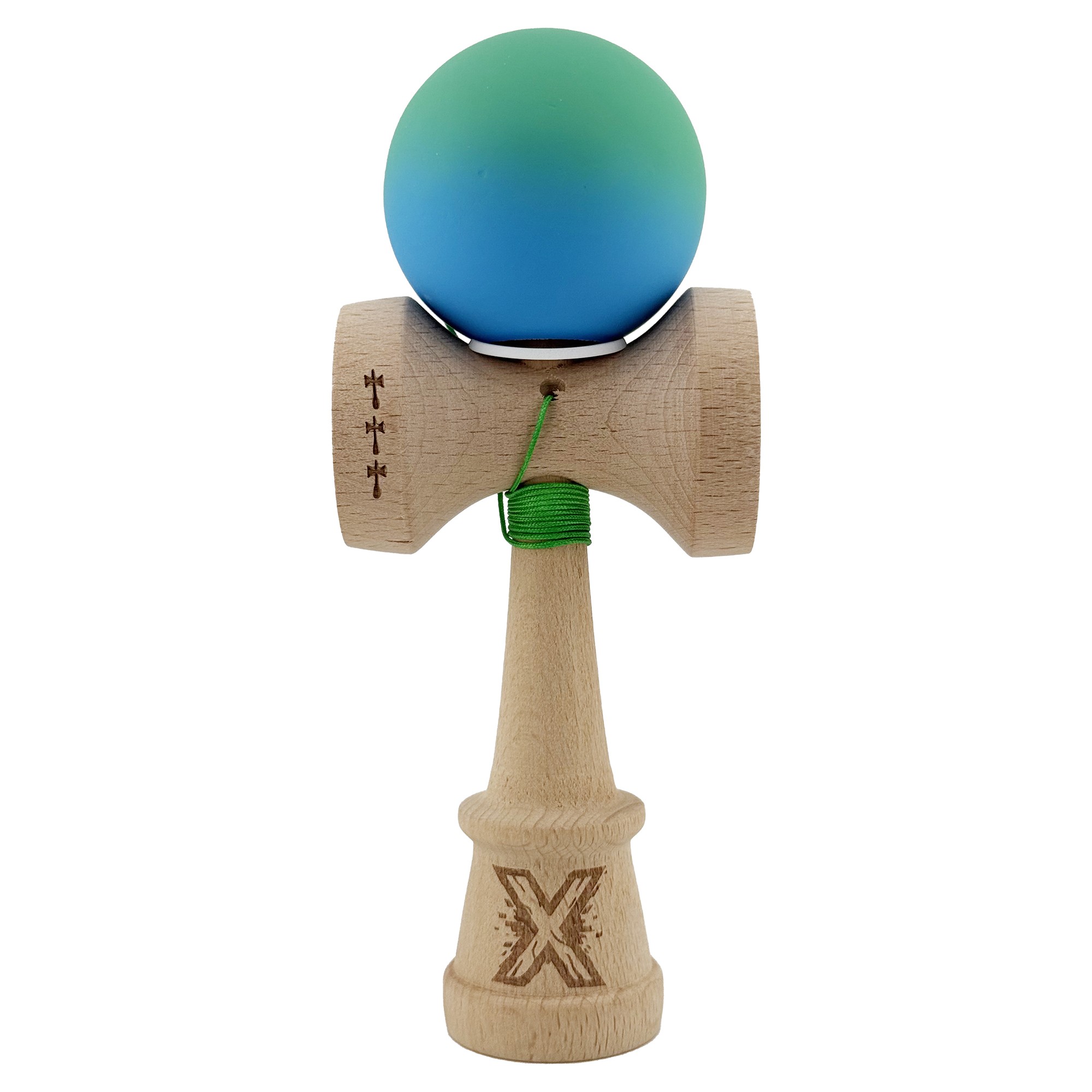 Kendama X Originala, Profesionala, Flippy, Cupe Mari KING SIZE V3, Rubber Grip, Gaura in Baza, Rulment Metalic, din lemn 18 cm, Ata 55 cm, Gradient Verde/Albastru