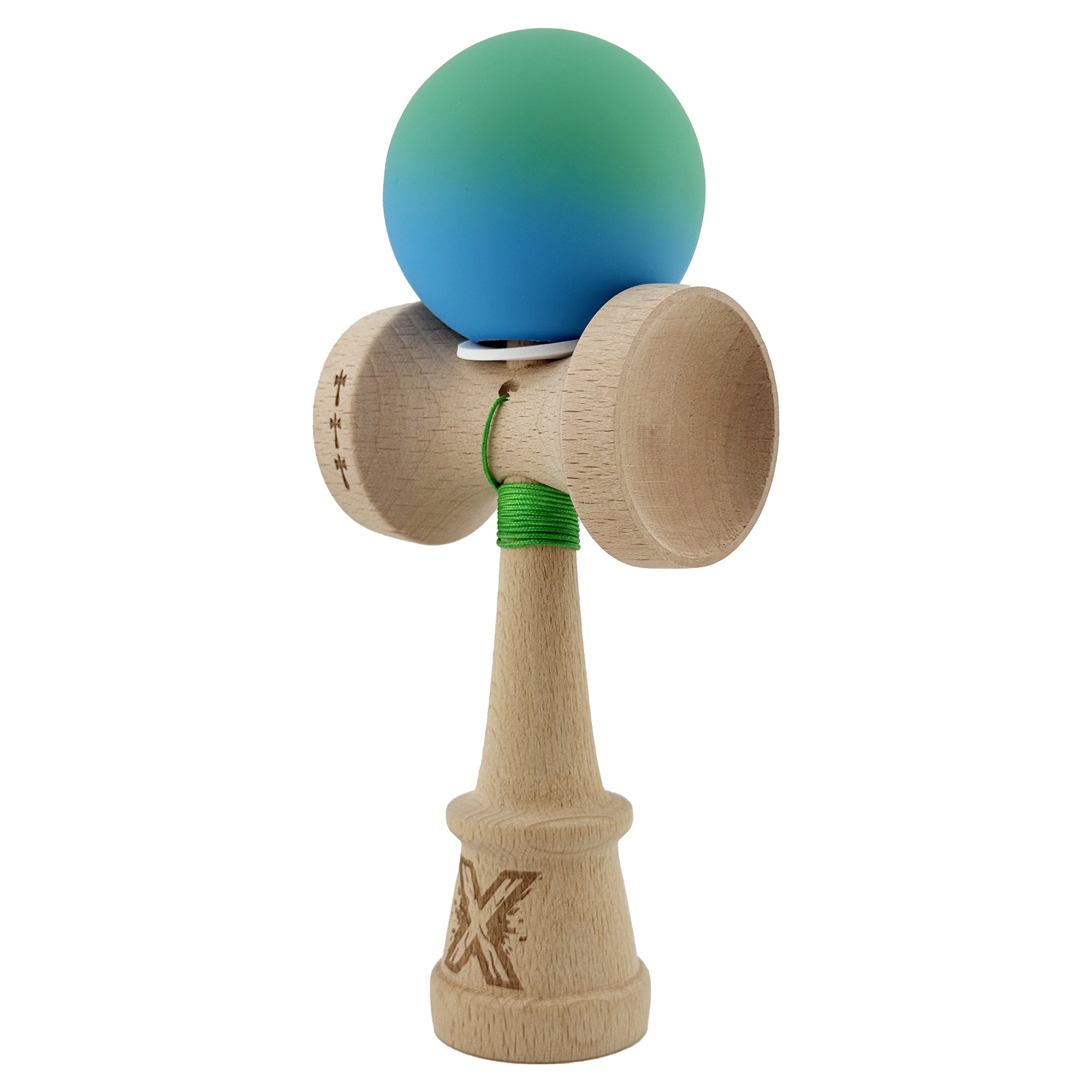 Kendama X Originala, Profesionala, Flippy, Cupe Mari KING SIZE V3, Rubber Grip, Gaura in Baza, Rulment Metalic, din lemn 18 cm, Ata 55 cm, Gradient Verde/Albastru