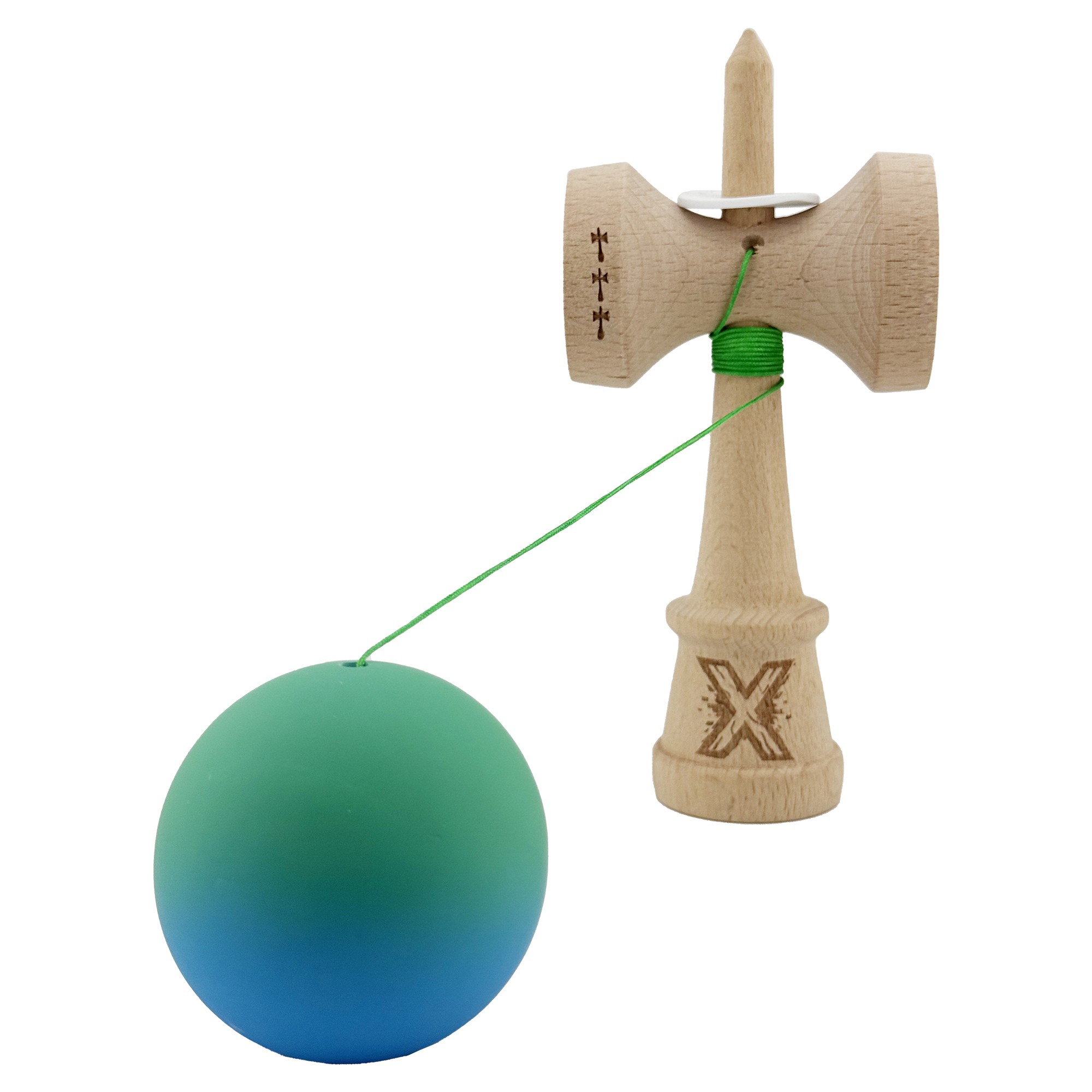 Kendama X Originala, Profesionala, Flippy, Cupe Mari KING SIZE V3, Rubber Grip, Gaura in Baza, Rulment Metalic, din lemn 18 cm, Ata 55 cm, Gradient Verde/Albastru