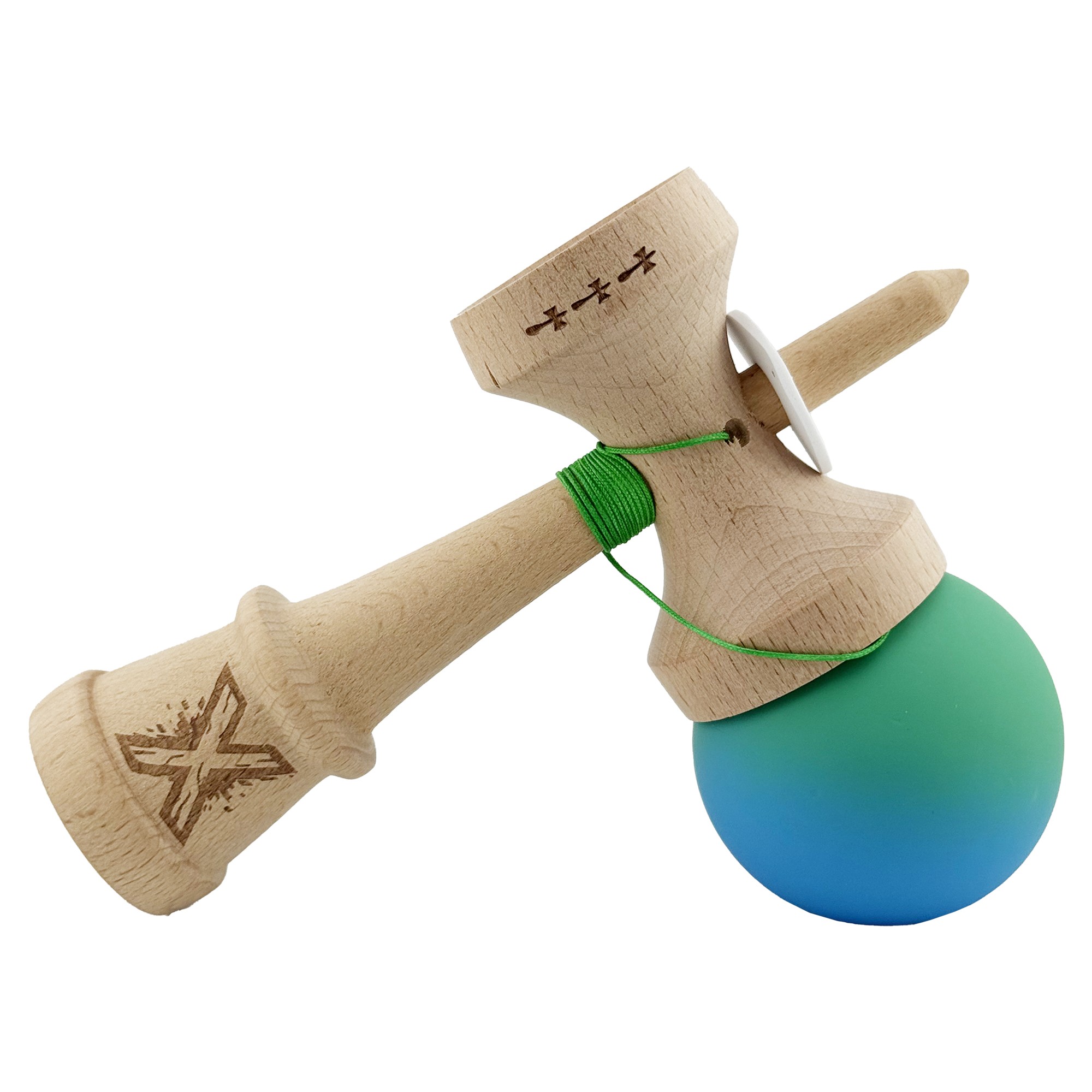 Kendama X Originala, Profesionala, Flippy, Cupe Mari KING SIZE V3, Rubber Grip, Gaura in Baza, Rulment Metalic, din lemn 18 cm, Ata 55 cm, Gradient Verde/Albastru