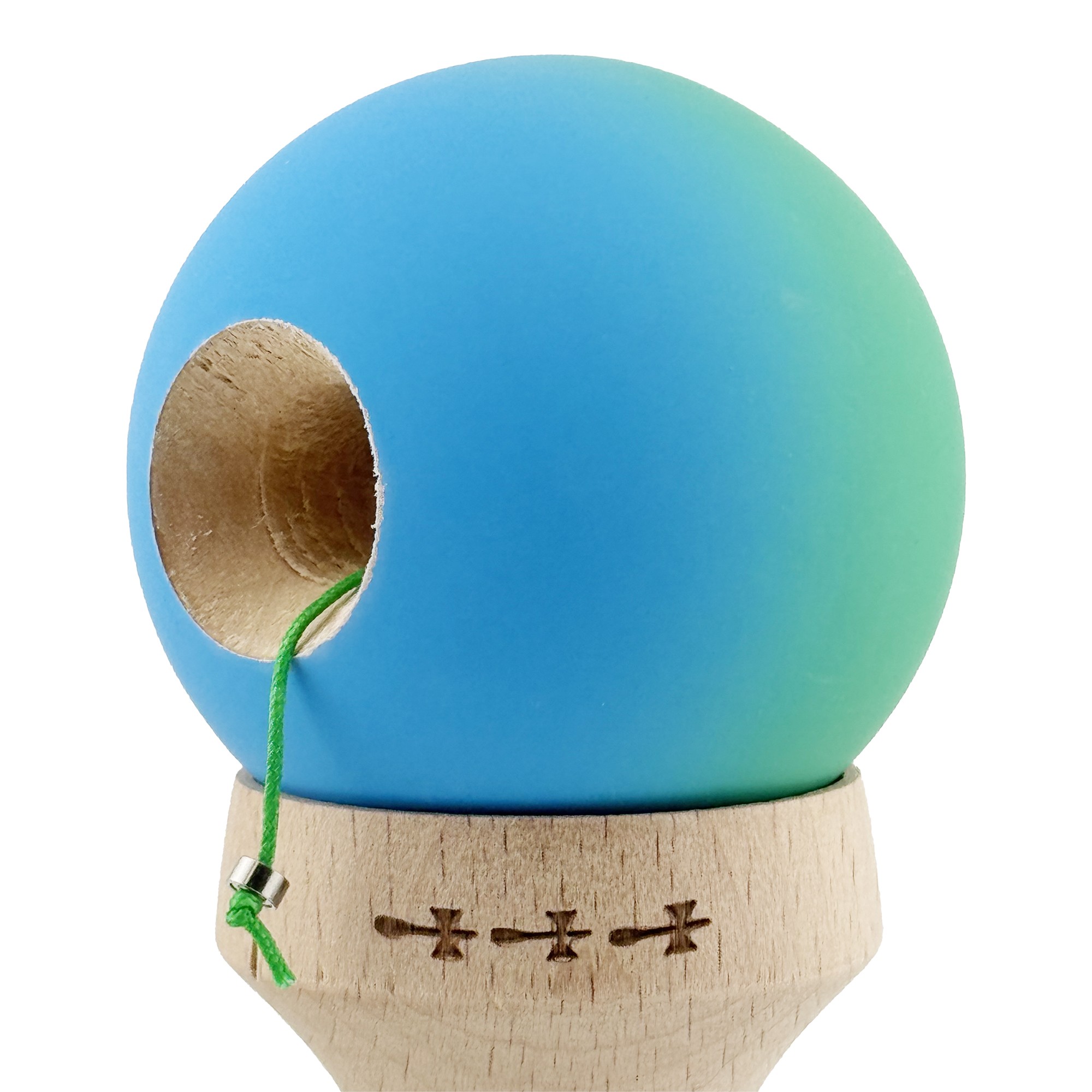 Kendama X Originala, Profesionala, Flippy, Cupe Mari KING SIZE V3, Rubber Grip, Gaura in Baza, Rulment Metalic, din lemn 18 cm, Ata 55 cm, Gradient Verde/Albastru
