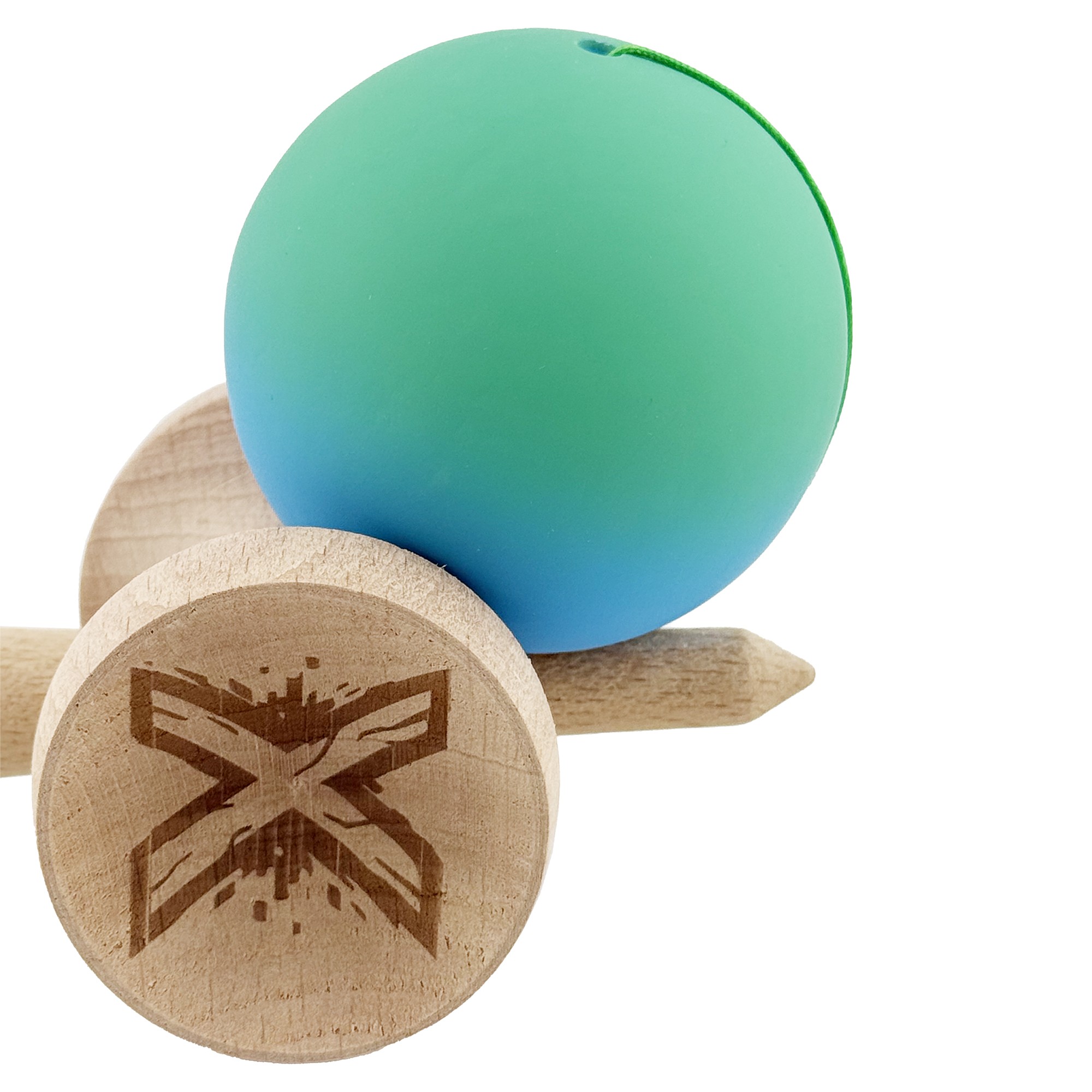 Kendama X Originala, Profesionala, Flippy, Cupe Mari KING SIZE V3, Rubber Grip, Gaura in Baza, Rulment Metalic, din lemn 18 cm, Ata 55 cm, Gradient Verde/Albastru
