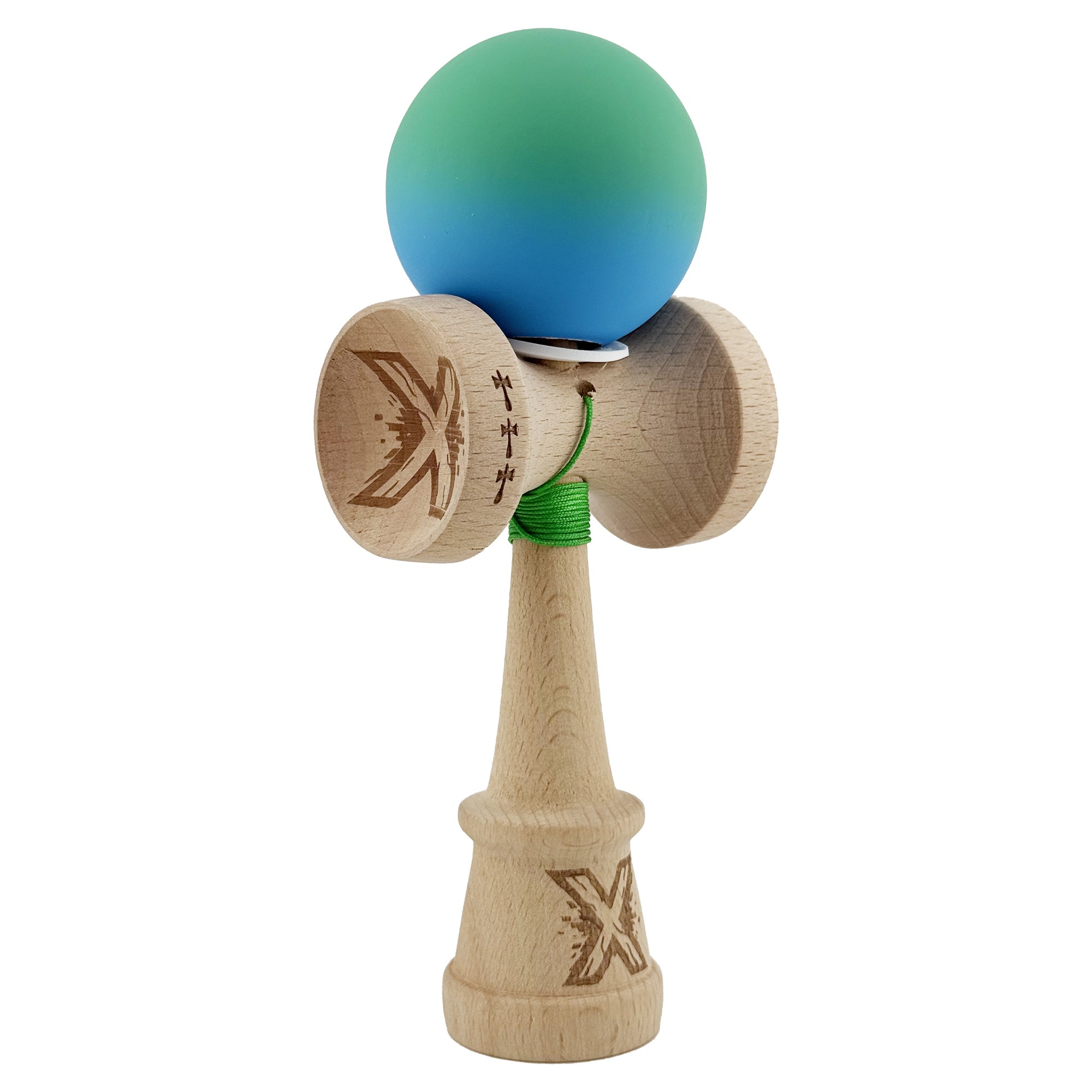 Kendama X Originala, Profesionala, Flippy, Cupe Mari KING SIZE V3, Rubber Grip, Gaura in Baza, Rulment Metalic, din lemn 18 cm, Ata 55 cm, Gradient Verde/Albastru