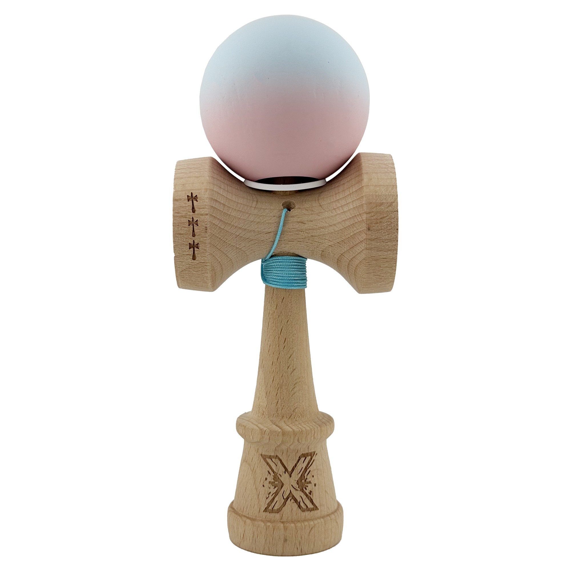 Kendama X Originala, Profesionala, Flippy, Cupe Mari KING SIZE V3, Rubber Grip, Gaura in Baza, Rulment Metalic, din lemn 18 cm, Ata 55 cm, Gradient Albastru deschis/Roz