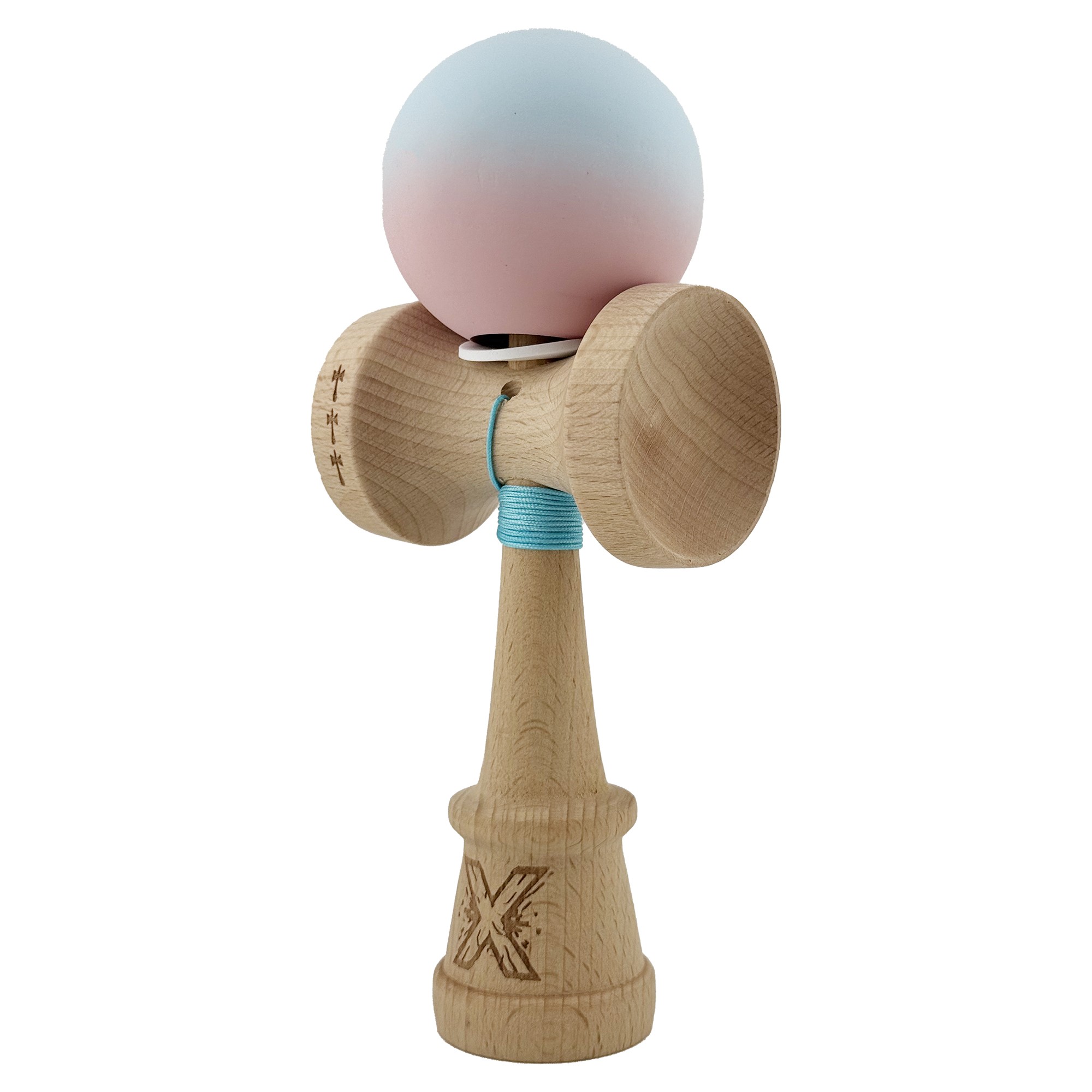 Kendama X Originala, Profesionala, Flippy, Cupe Mari KING SIZE V3, Rubber Grip, Gaura in Baza, Rulment Metalic, din lemn 18 cm, Ata 55 cm, Gradient Albastru deschis/Roz