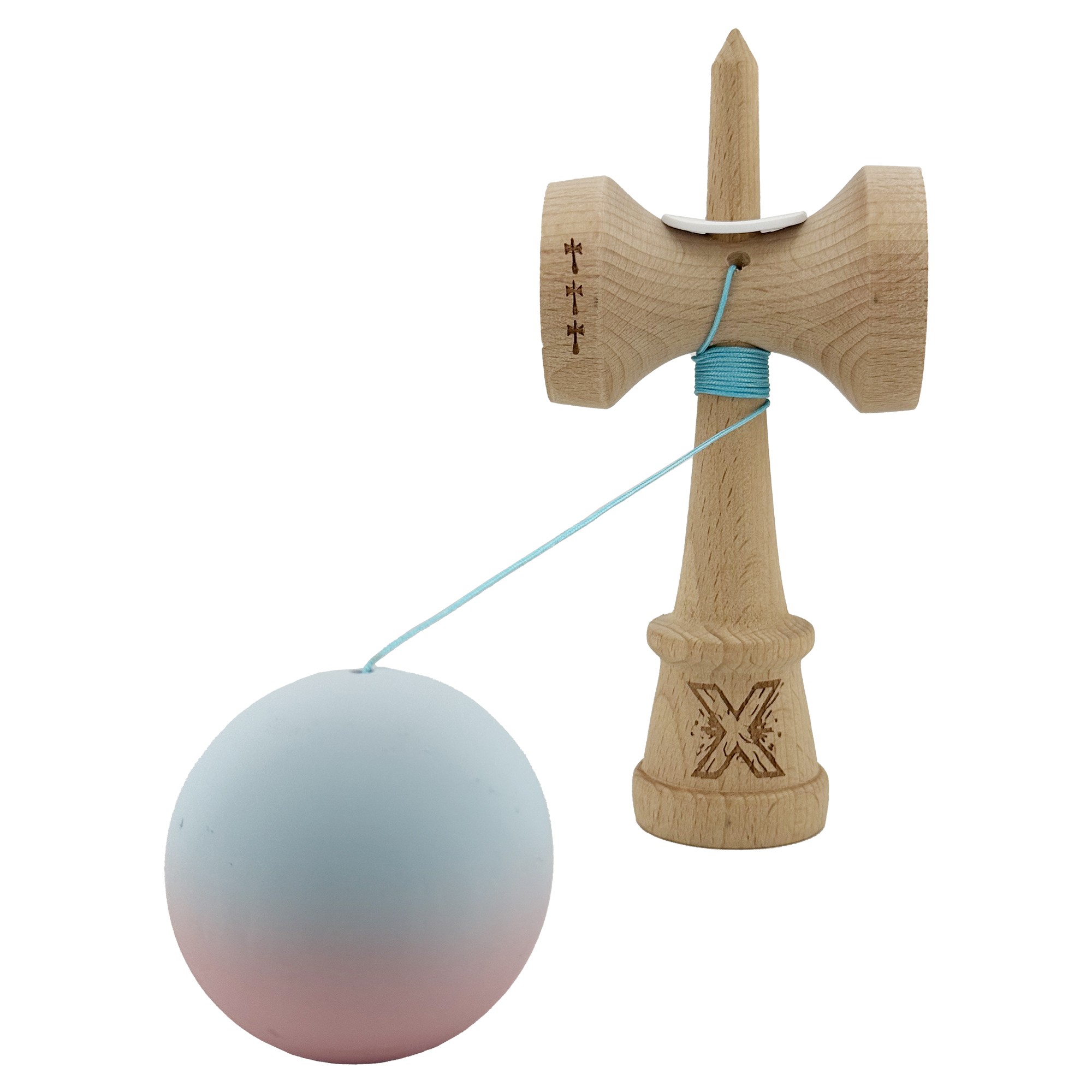 Kendama X Originala, Profesionala, Flippy, Cupe Mari KING SIZE V3, Rubber Grip, Gaura in Baza, Rulment Metalic, din lemn 18 cm, Ata 55 cm, Gradient Albastru deschis/Roz
