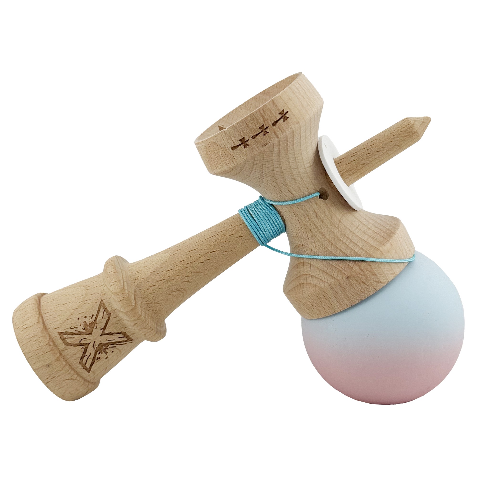 Kendama X Originala, Profesionala, Flippy, Cupe Mari KING SIZE V3, Rubber Grip, Gaura in Baza, Rulment Metalic, din lemn 18 cm, Ata 55 cm, Gradient Albastru deschis/Roz