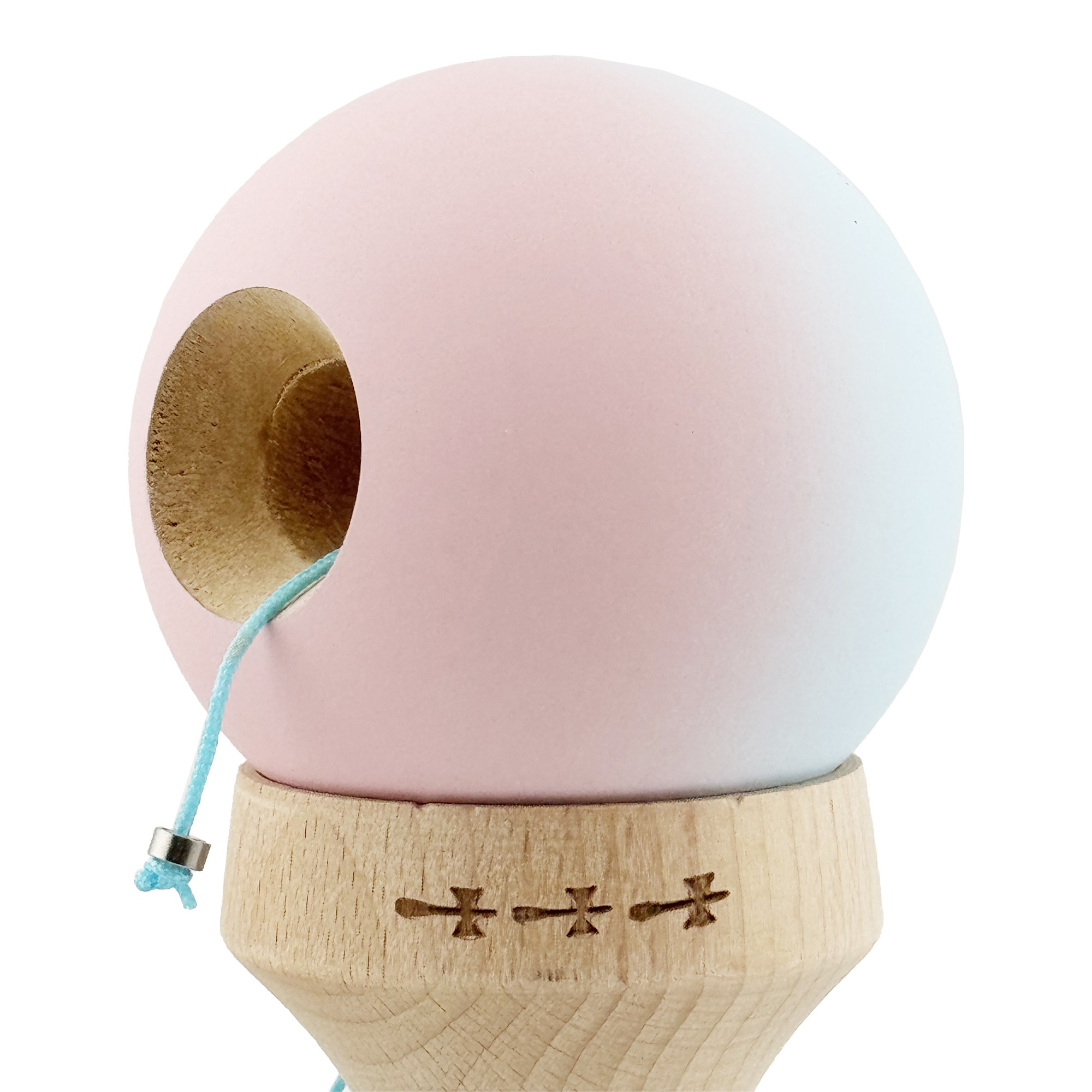 Kendama X Originala, Profesionala, Flippy, Cupe Mari KING SIZE V3, Rubber Grip, Gaura in Baza, Rulment Metalic, din lemn 18 cm, Ata 55 cm, Gradient Albastru deschis/Roz