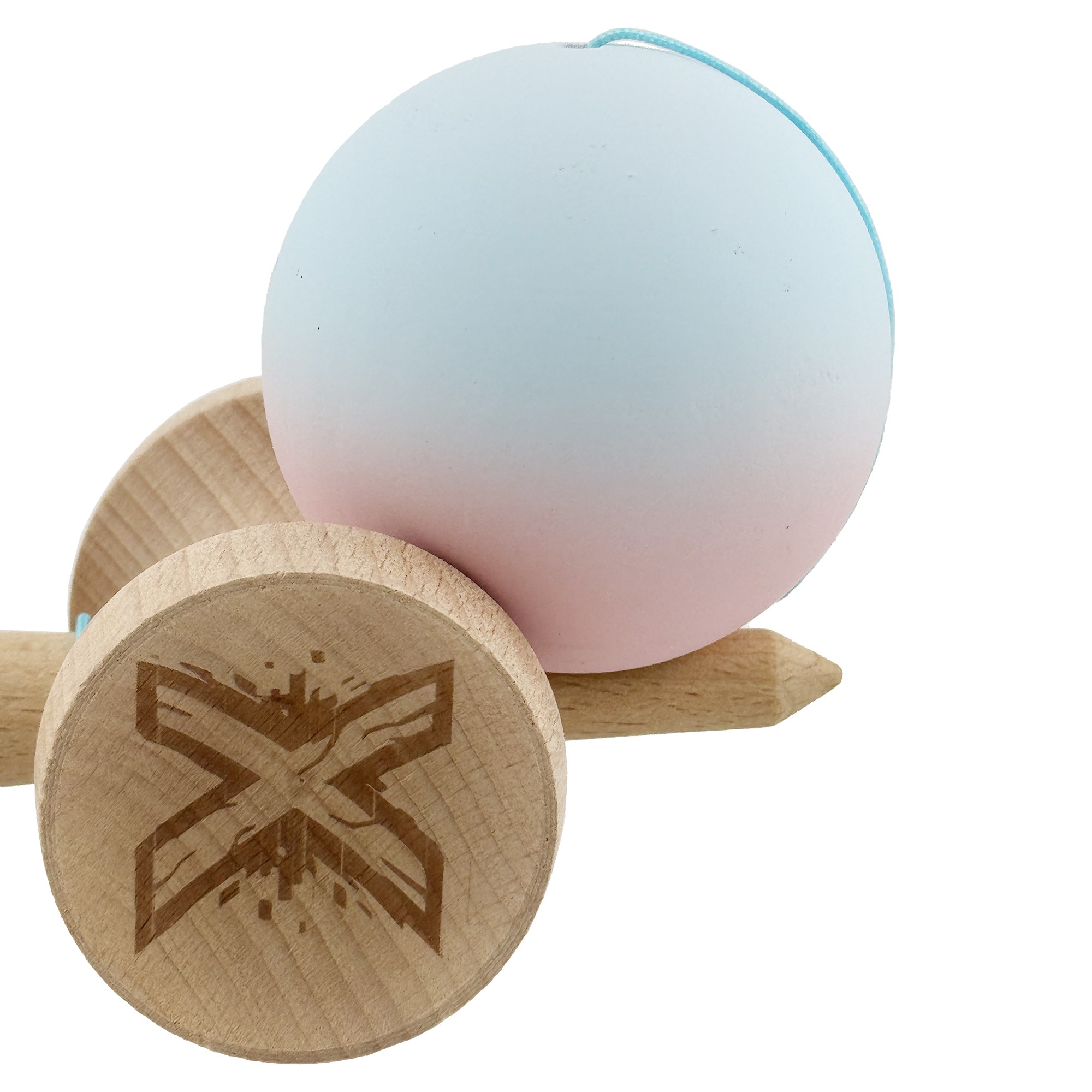 Kendama X Originala, Profesionala, Flippy, Cupe Mari KING SIZE V3, Rubber Grip, Gaura in Baza, Rulment Metalic, din lemn 18 cm, Ata 55 cm, Gradient Albastru deschis/Roz