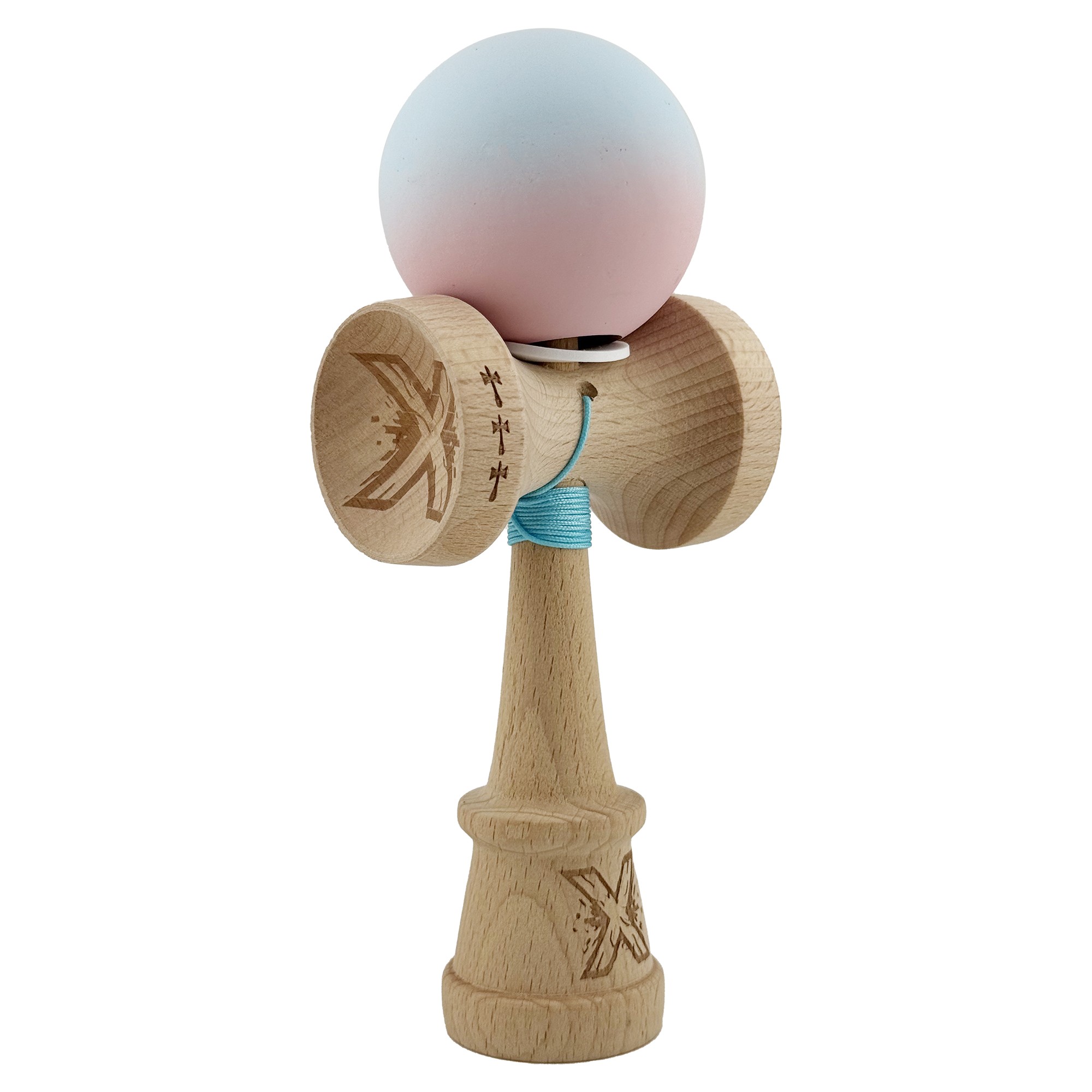 Kendama X Originala, Profesionala, Flippy, Cupe Mari KING SIZE V3, Rubber Grip, Gaura in Baza, Rulment Metalic, din lemn 18 cm, Ata 55 cm, Gradient Albastru deschis/Roz
