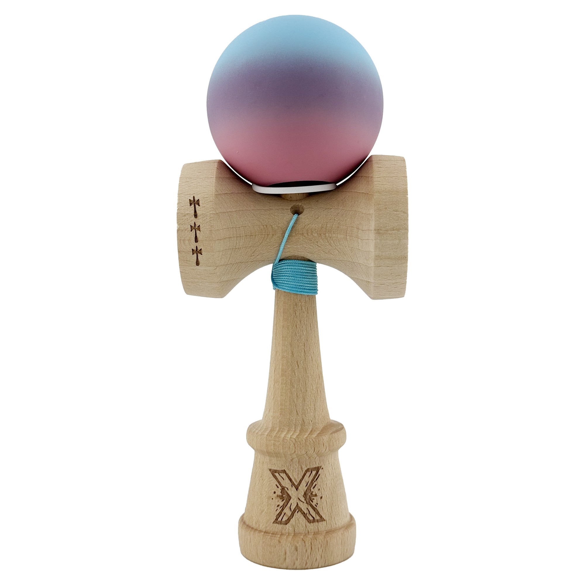 Kendama X Originala, Profesionala, Flippy, Cupe Mari KING SIZE V3, Rubber Grip, Gaura in Baza, Rulment Metalic, din lemn 18 cm, Ata 55 cm, Gradient Albastru deschis/Mov/Roz