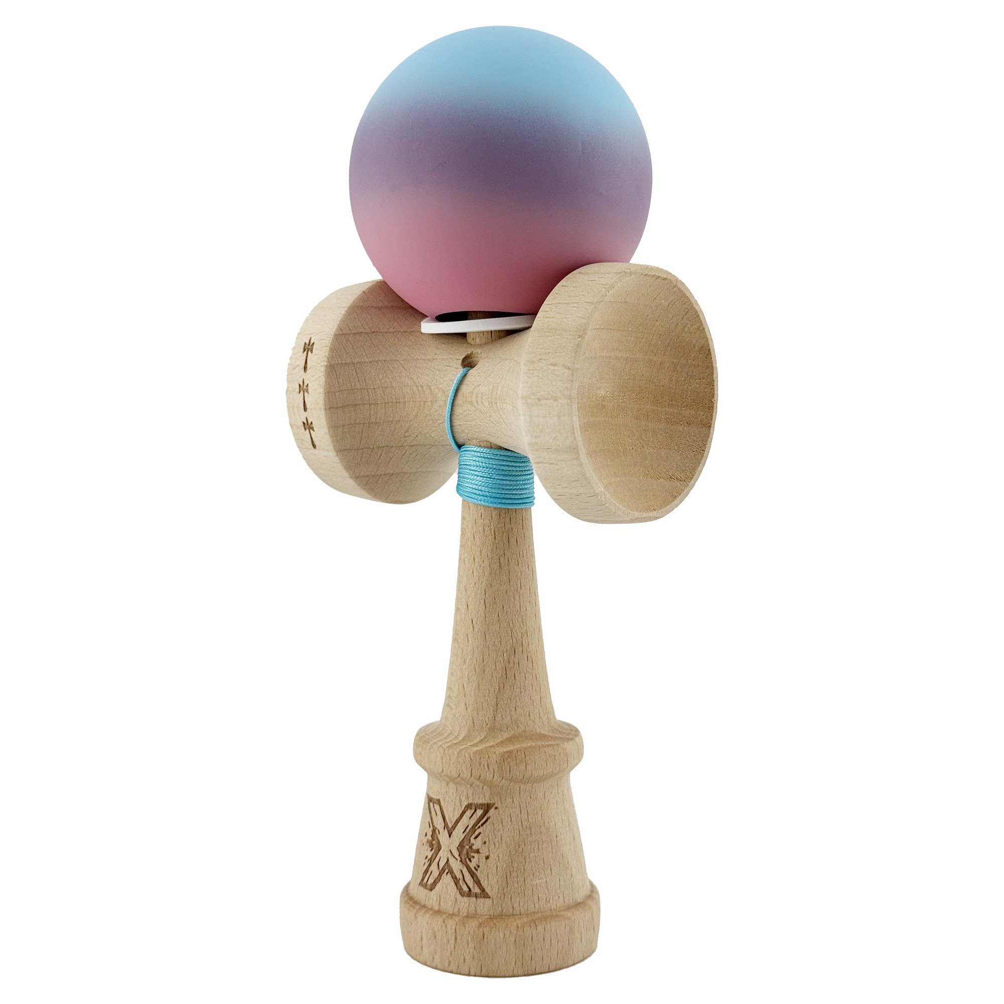 Kendama X Originala, Profesionala, Flippy, Cupe Mari KING SIZE V3, Rubber Grip, Gaura in Baza, Rulment Metalic, din lemn 18 cm, Ata 55 cm, Gradient Albastru deschis/Mov/Roz
