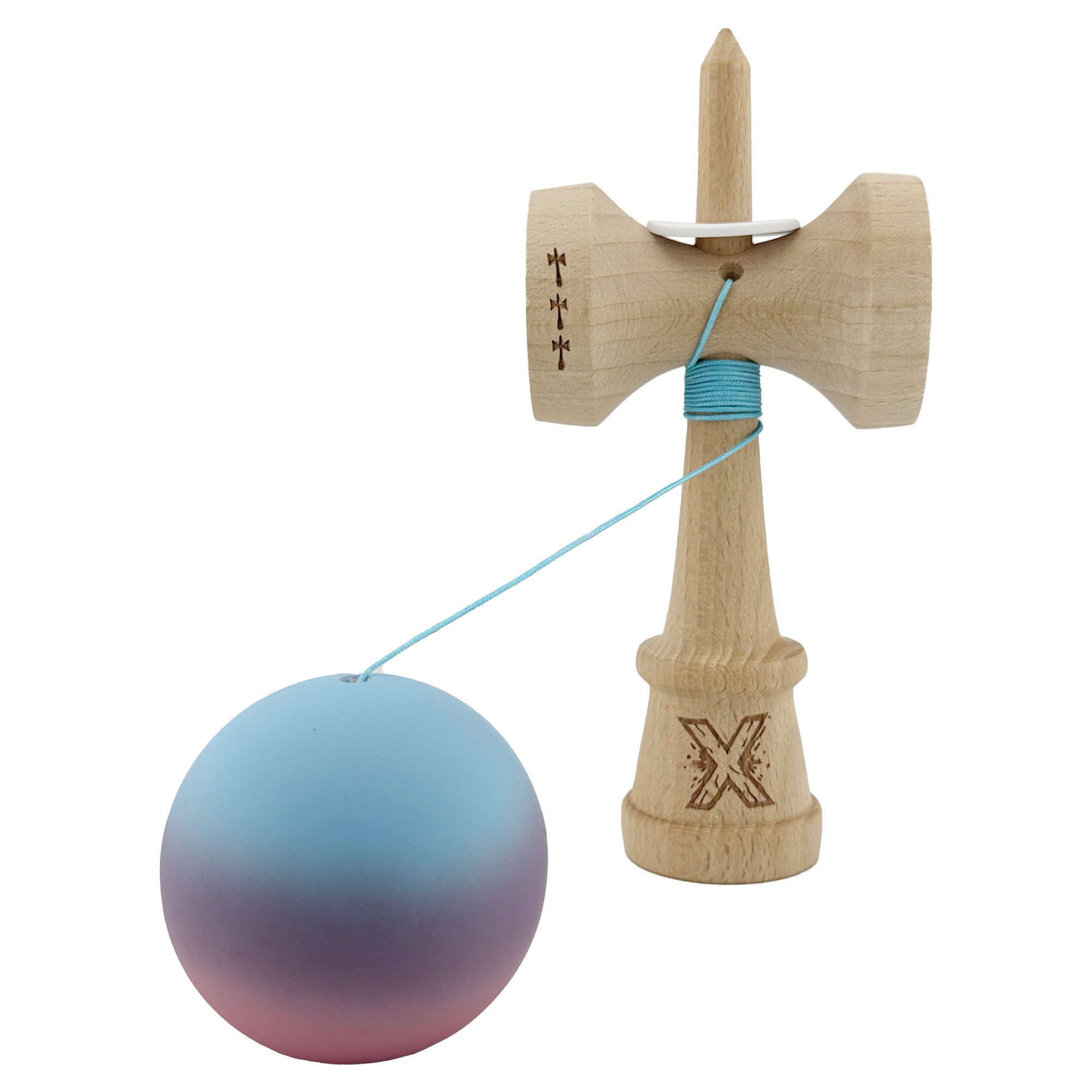 Kendama X Originala, Profesionala, Flippy, Cupe Mari KING SIZE V3, Rubber Grip, Gaura in Baza, Rulment Metalic, din lemn 18 cm, Ata 55 cm, Gradient Albastru deschis/Mov/Roz