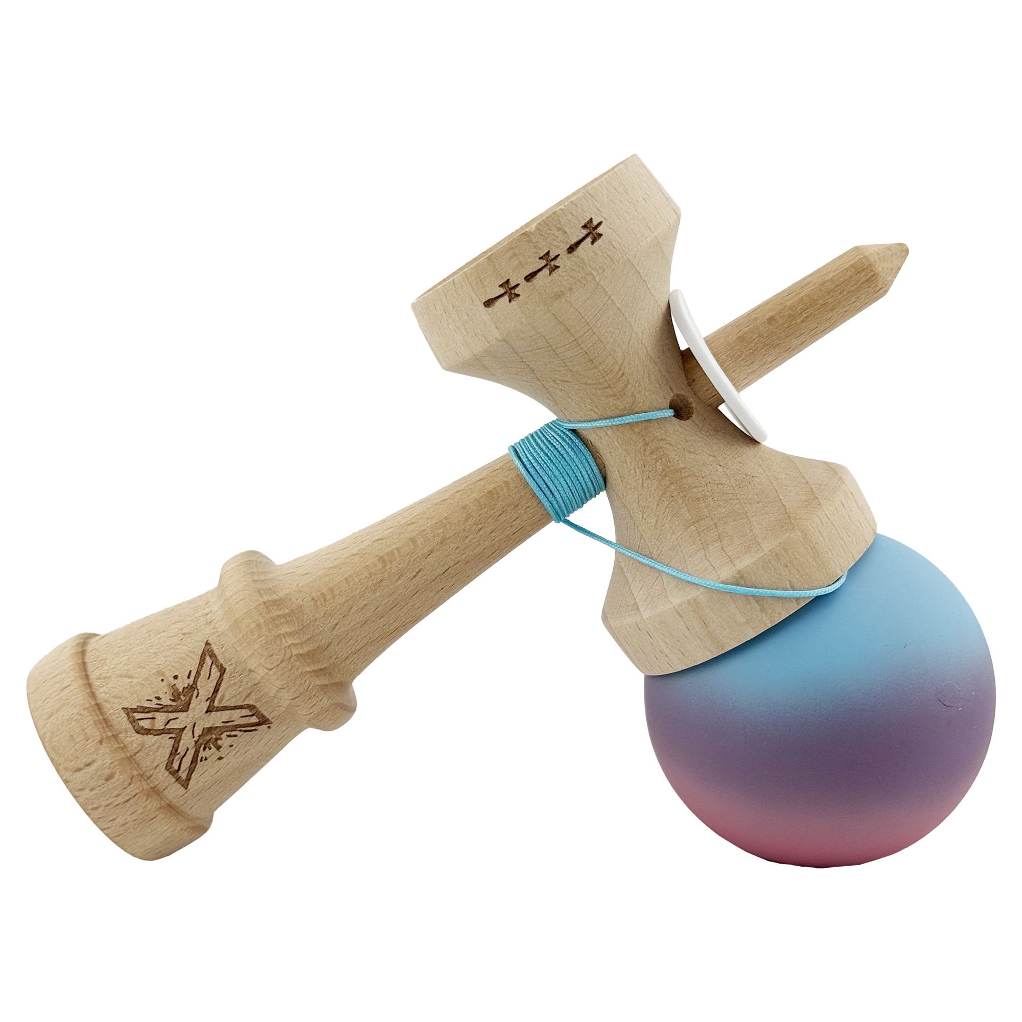Kendama X Originala, Profesionala, Flippy, Cupe Mari KING SIZE V3, Rubber Grip, Gaura in Baza, Rulment Metalic, din lemn 18 cm, Ata 55 cm, Gradient Albastru deschis/Mov/Roz