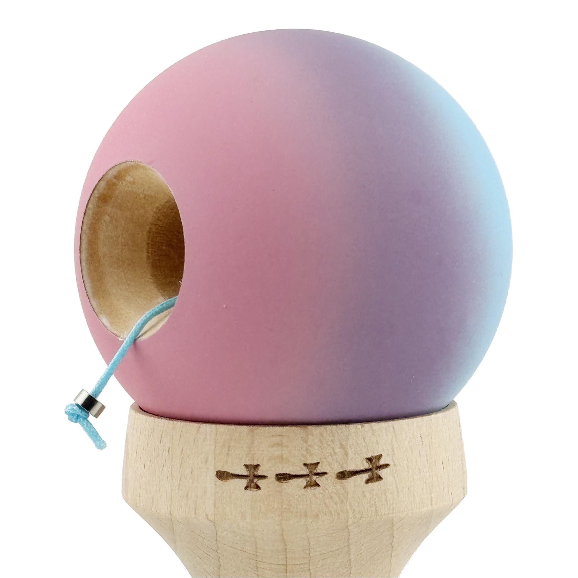 Kendama X Originala, Profesionala, Flippy, Cupe Mari KING SIZE V3, Rubber Grip, Gaura in Baza, Rulment Metalic, din lemn 18 cm, Ata 55 cm, Gradient Albastru deschis/Mov/Roz