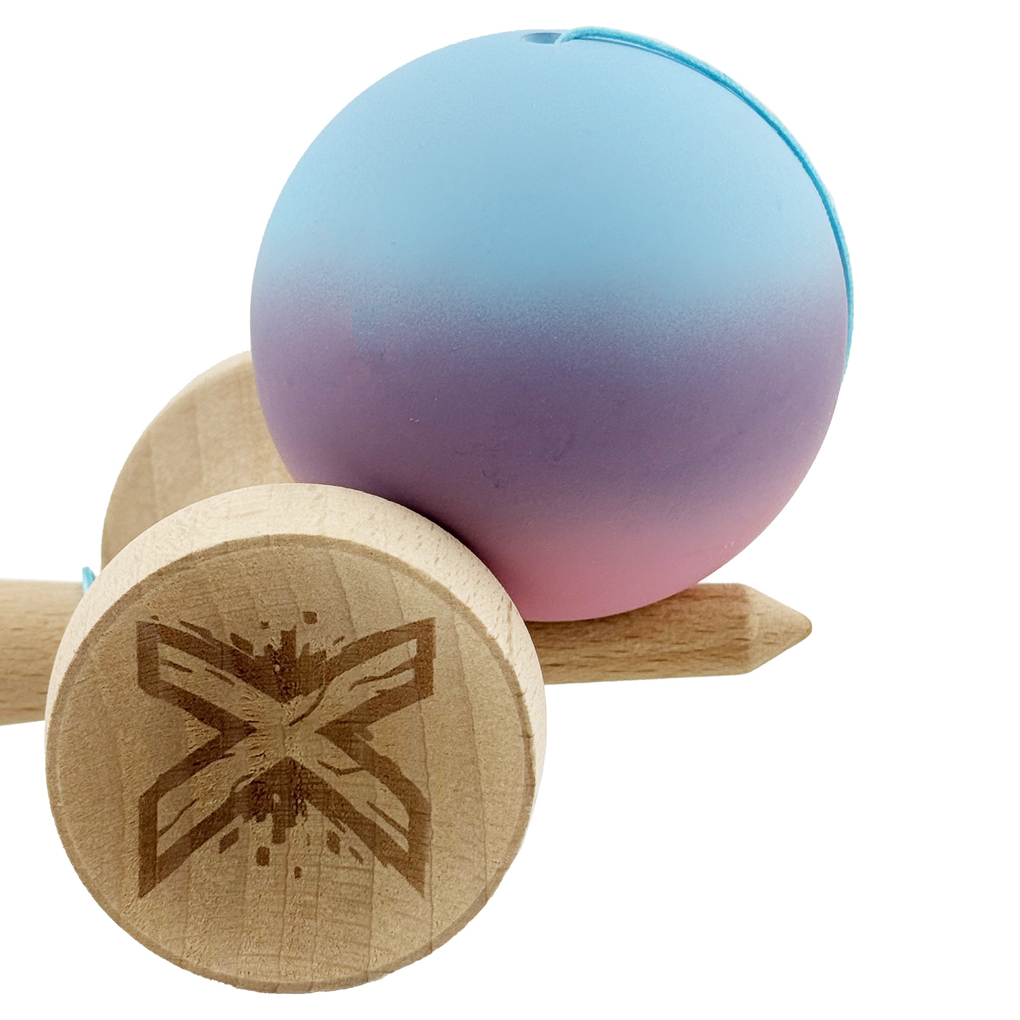 Kendama X Originala, Profesionala, Flippy, Cupe Mari KING SIZE V3, Rubber Grip, Gaura in Baza, Rulment Metalic, din lemn 18 cm, Ata 55 cm, Gradient Albastru deschis/Mov/Roz