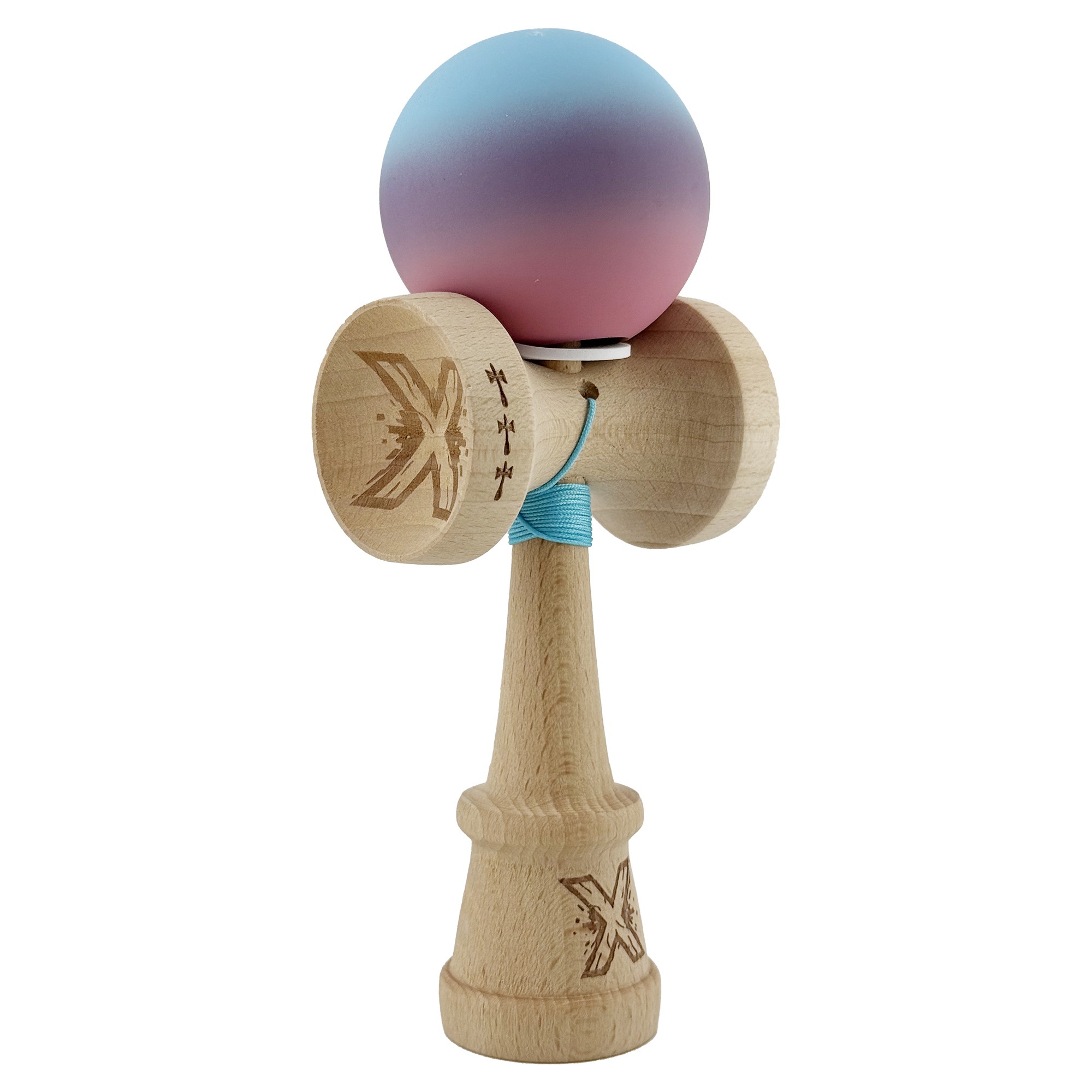 Kendama X Originala, Profesionala, Flippy, Cupe Mari KING SIZE V3, Rubber Grip, Gaura in Baza, Rulment Metalic, din lemn 18 cm, Ata 55 cm, Gradient Albastru deschis/Mov/Roz