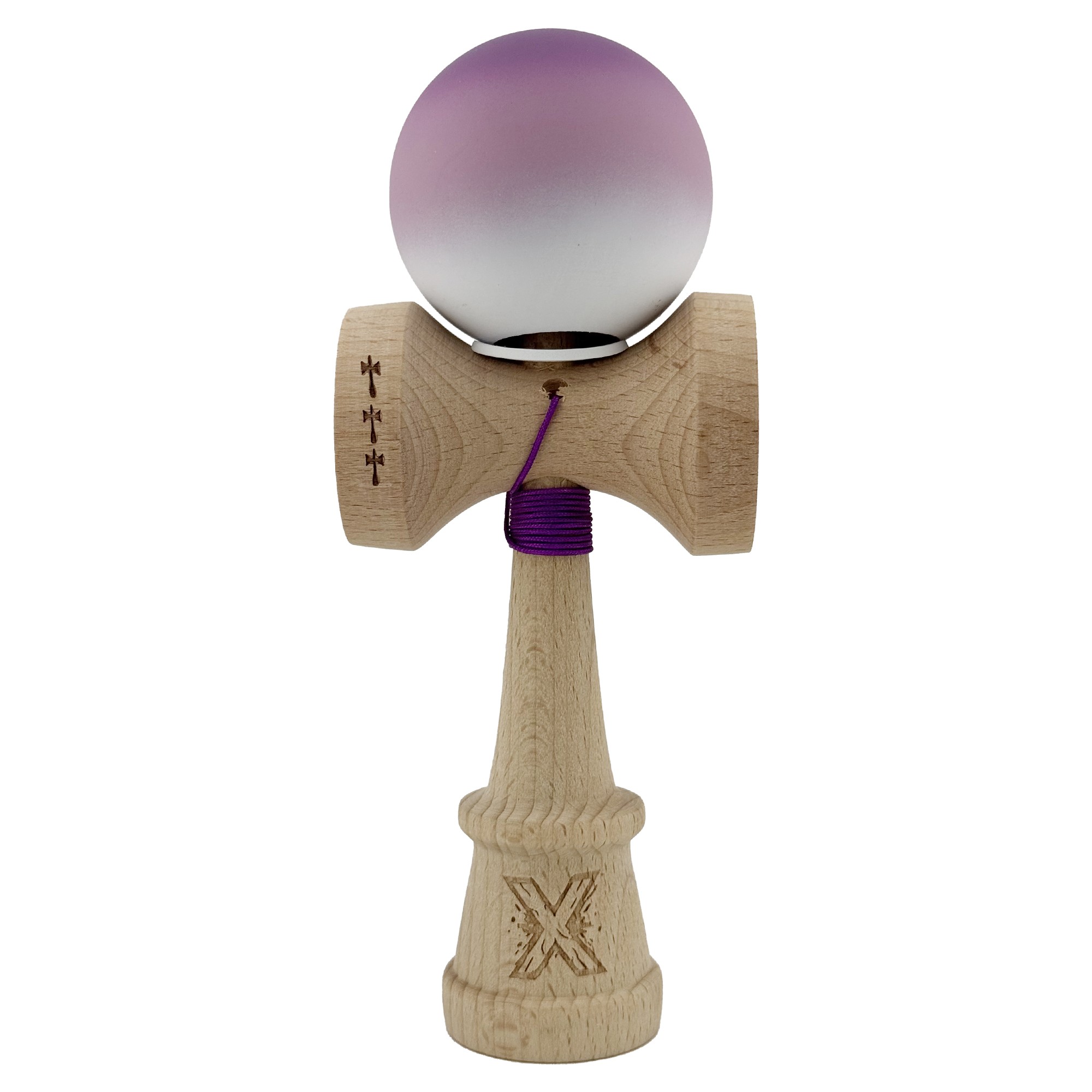 Kendama X Originala, Profesionala, Flippy, Cupe Mari KING SIZE V3, Rubber Grip, Gaura in Baza, Rulment Metalic, din lemn 18 cm, Ata 55 cm, Gradient Mov/Alb