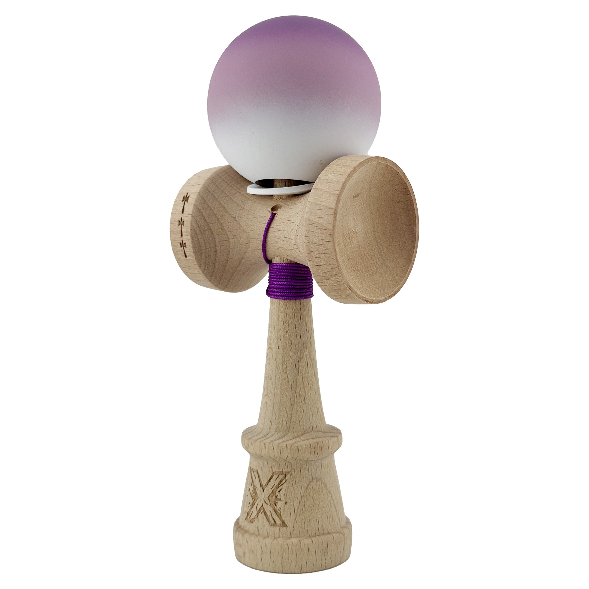 Kendama X Originala, Profesionala, Flippy, Cupe Mari KING SIZE V3, Rubber Grip, Gaura in Baza, Rulment Metalic, din lemn 18 cm, Ata 55 cm, Gradient Mov/Alb