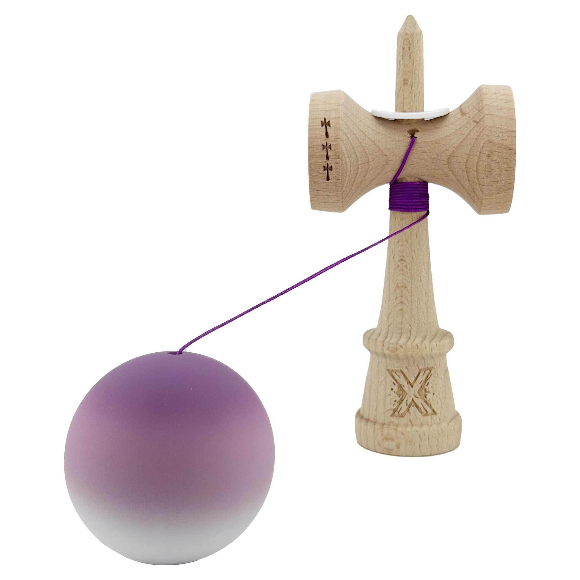 Kendama X Originala, Profesionala, Flippy, Cupe Mari KING SIZE V3, Rubber Grip, Gaura in Baza, Rulment Metalic, din lemn 18 cm, Ata 55 cm, Gradient Mov/Alb