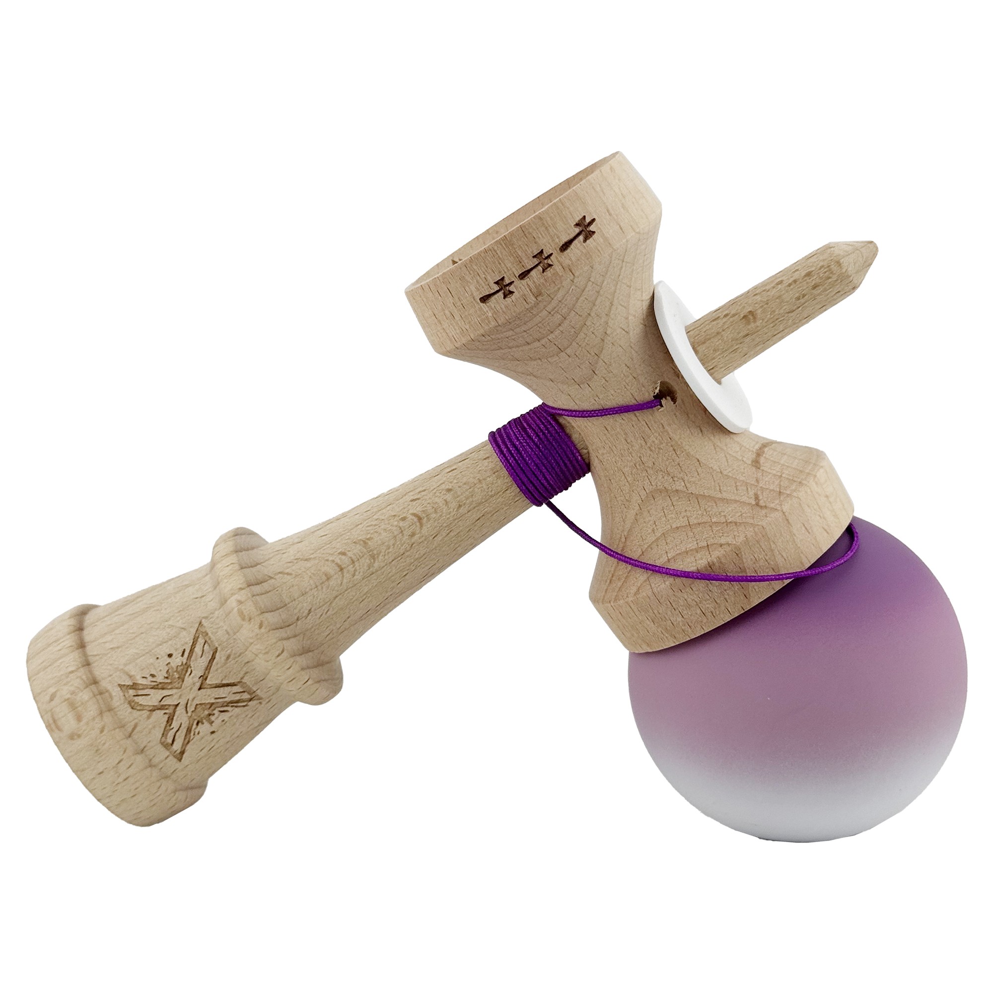 Kendama X Originala, Profesionala, Flippy, Cupe Mari KING SIZE V3, Rubber Grip, Gaura in Baza, Rulment Metalic, din lemn 18 cm, Ata 55 cm, Gradient Mov/Alb