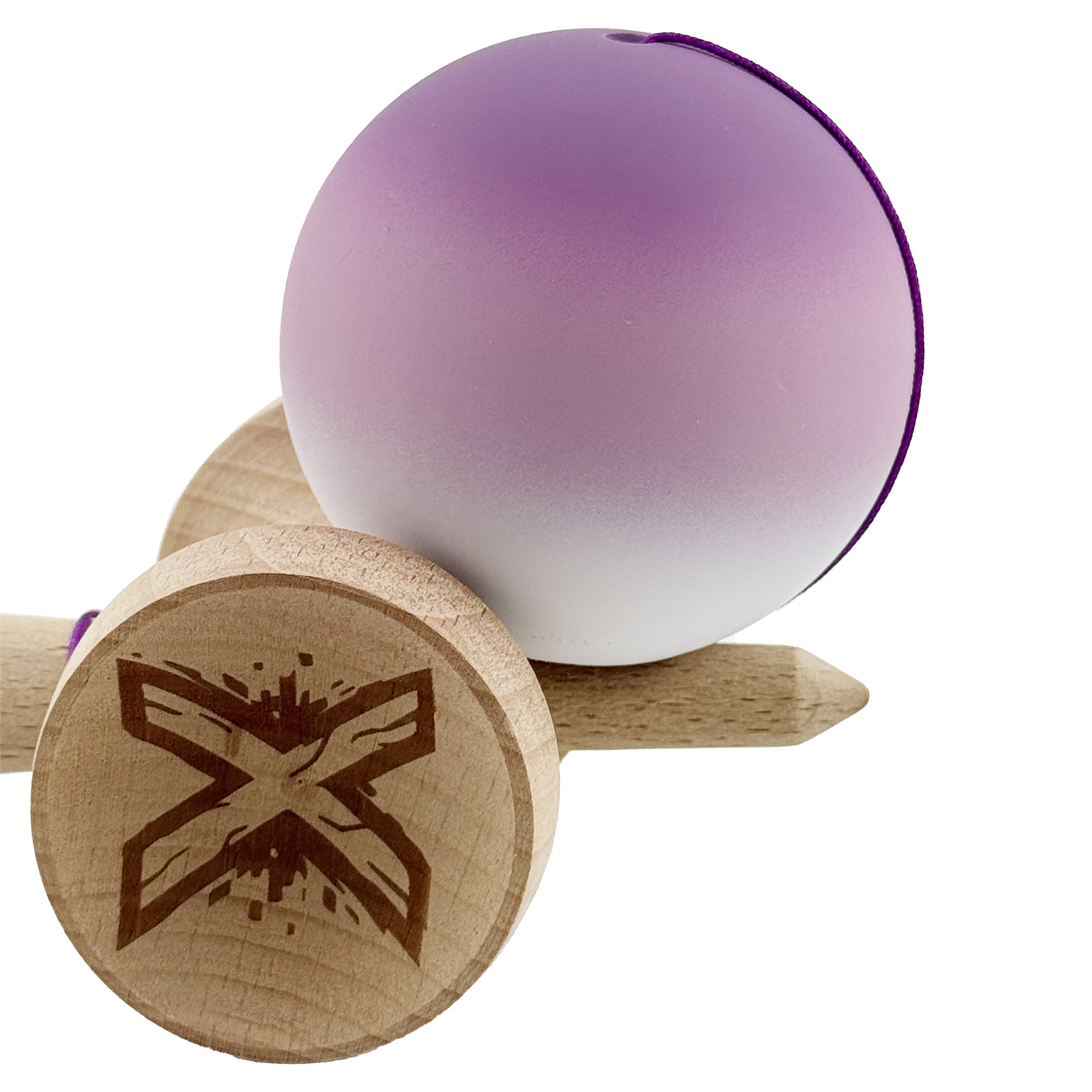 Kendama X Originala, Profesionala, Flippy, Cupe Mari KING SIZE V3, Rubber Grip, Gaura in Baza, Rulment Metalic, din lemn 18 cm, Ata 55 cm, Gradient Mov/Alb