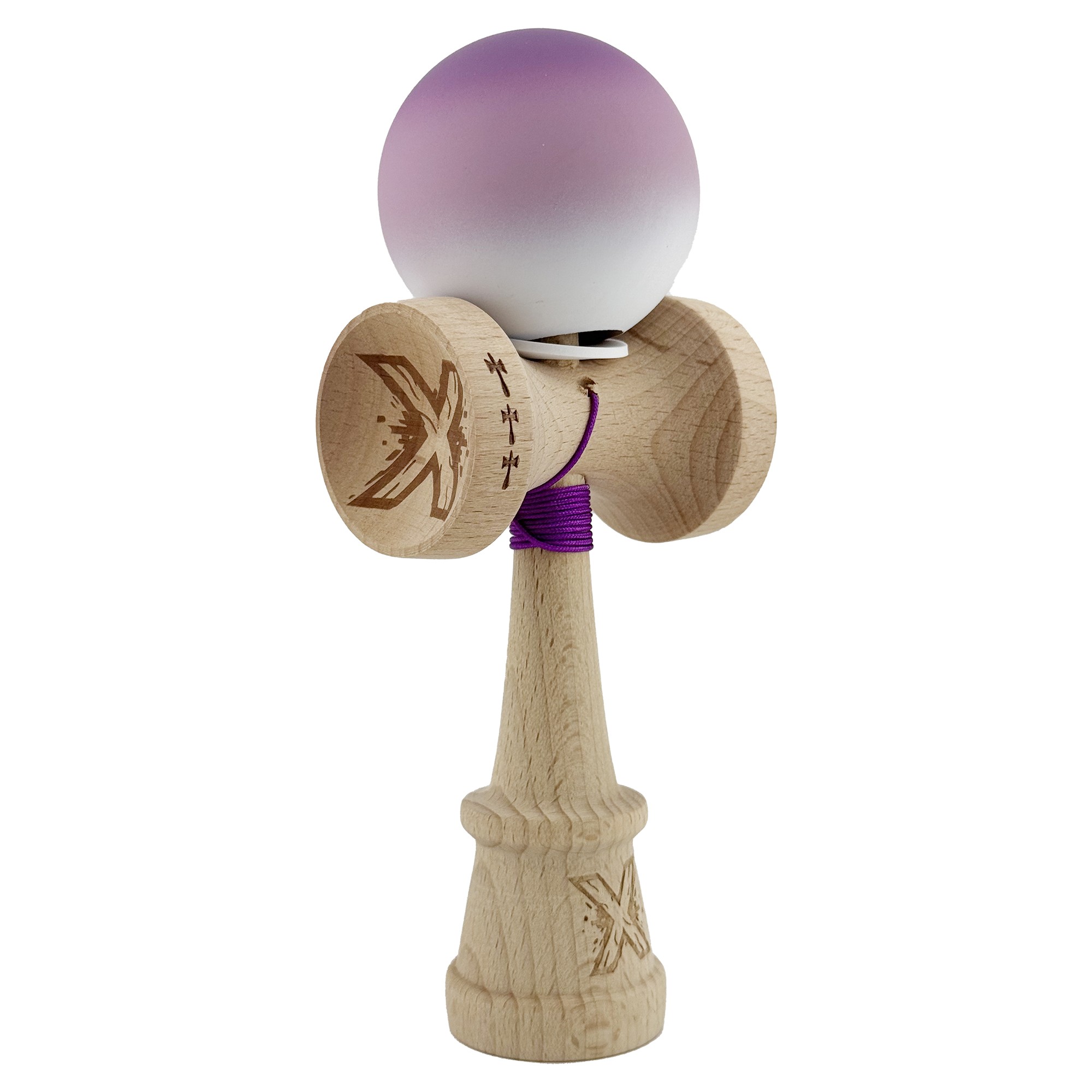 Kendama X Originala, Profesionala, Flippy, Cupe Mari KING SIZE V3, Rubber Grip, Gaura in Baza, Rulment Metalic, din lemn 18 cm, Ata 55 cm, Gradient Mov/Alb
