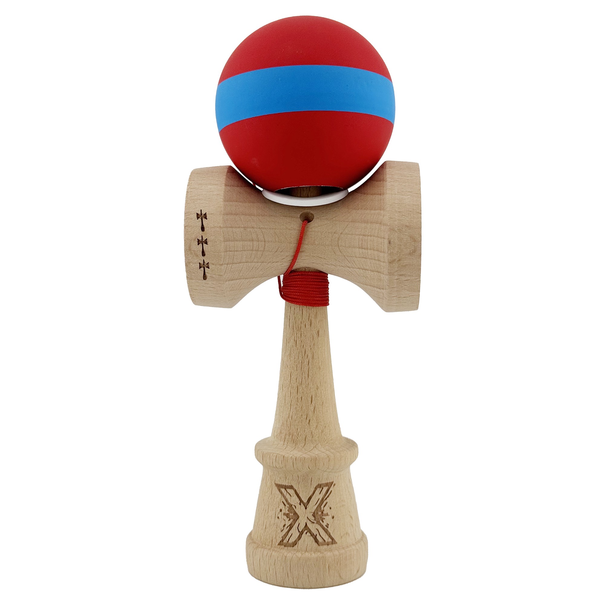 Kendama X Originala, Profesionala, Flippy, Cupe Mari KING SIZE V3, Rubber Grip, Gaura in Baza, Rulment Metalic, din lemn 18 cm, Ata 62/65 cm, M Bicolor Rosu/Albastru